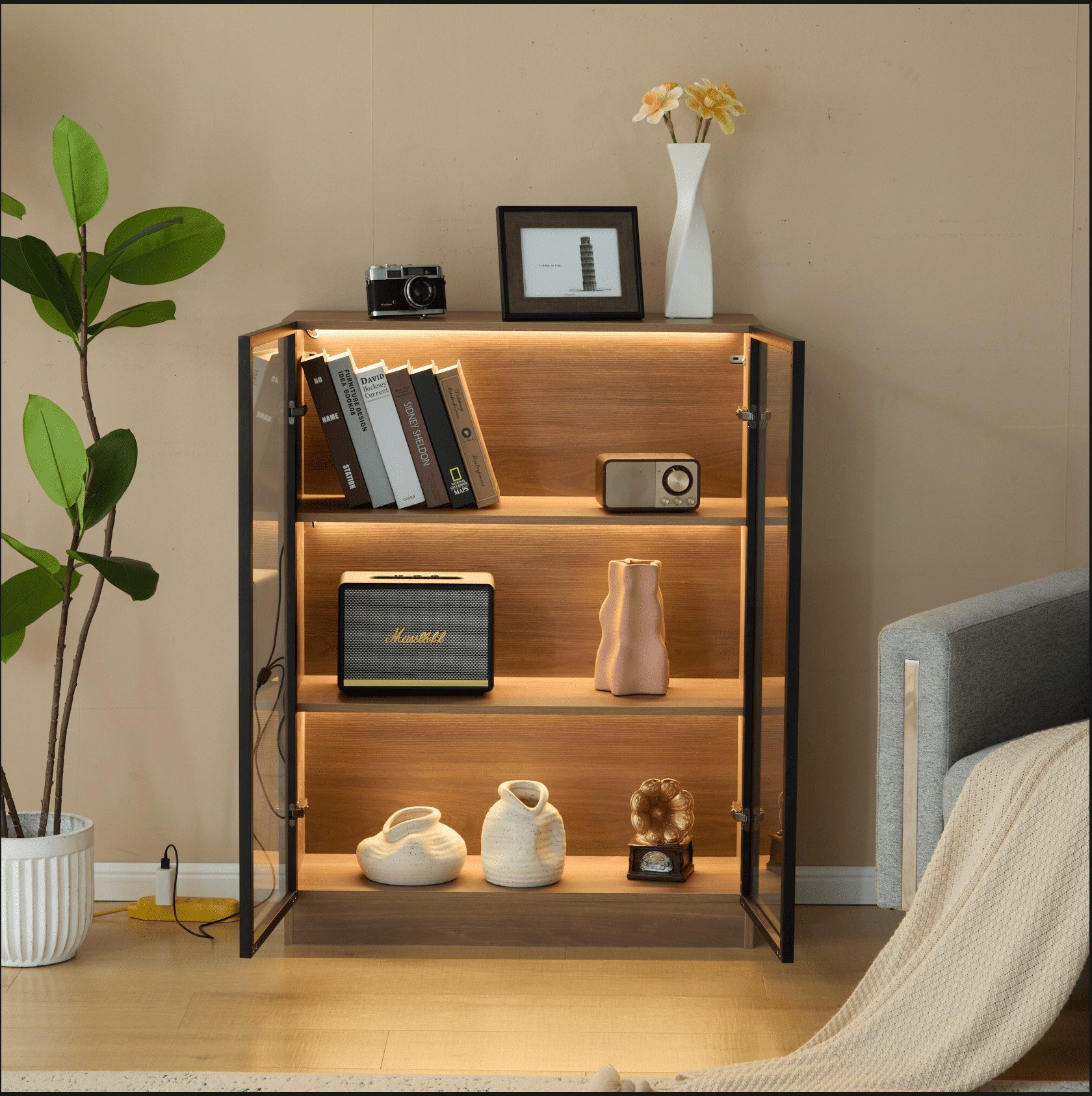 Ulife Eckvitrine Glasvitrine 106cm mit Beleuchtung & 3 Böden (Natural)