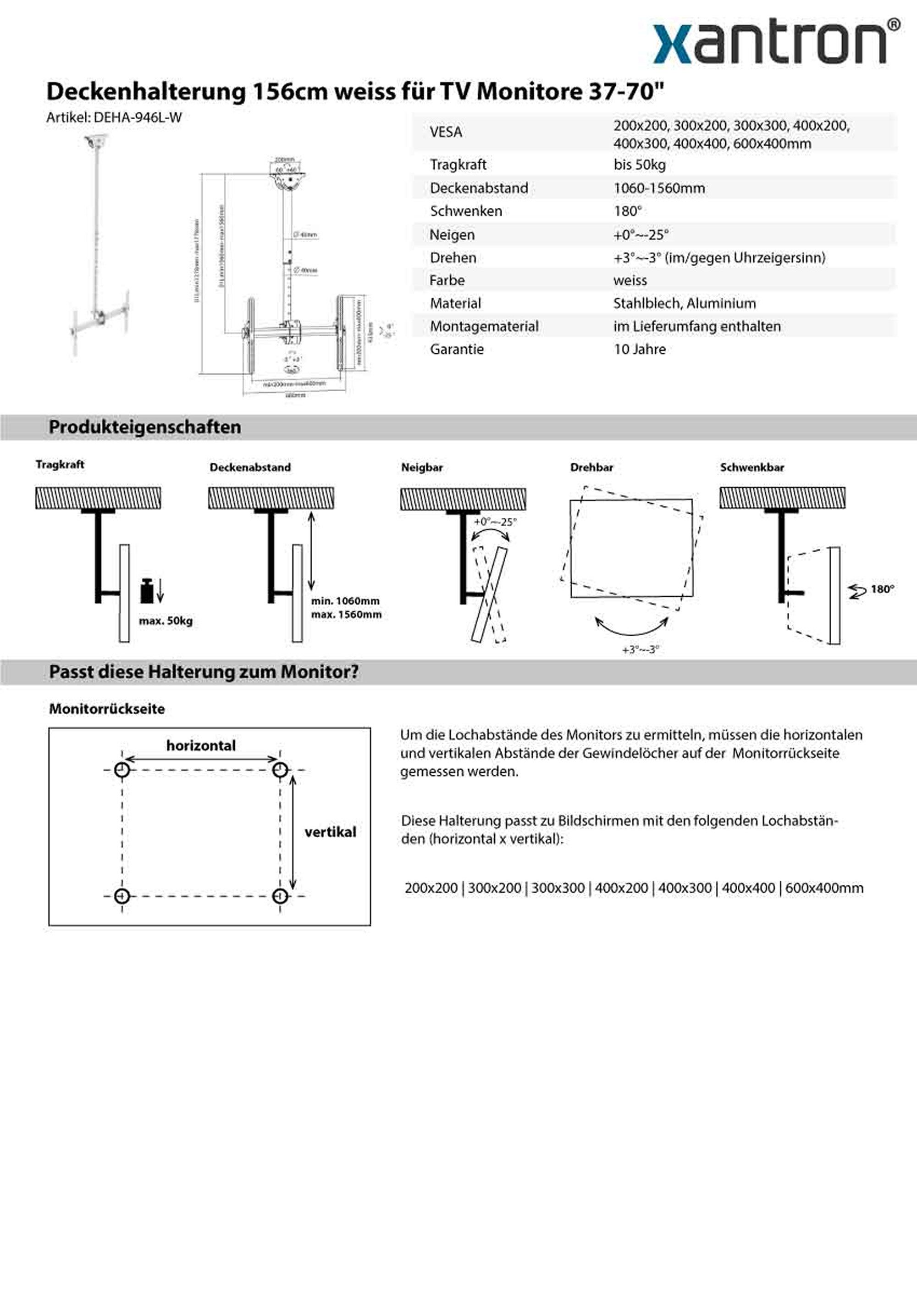 Xantron TV-Deckenhalterung für Monitore 37-70" schwenkbar, neigbar, drehbar, DEHA-946L-W, (bis 70 Zoll, höhenverstellbar (106-156cm), weiß, VESA bis 600x400, für Flat & Curved)