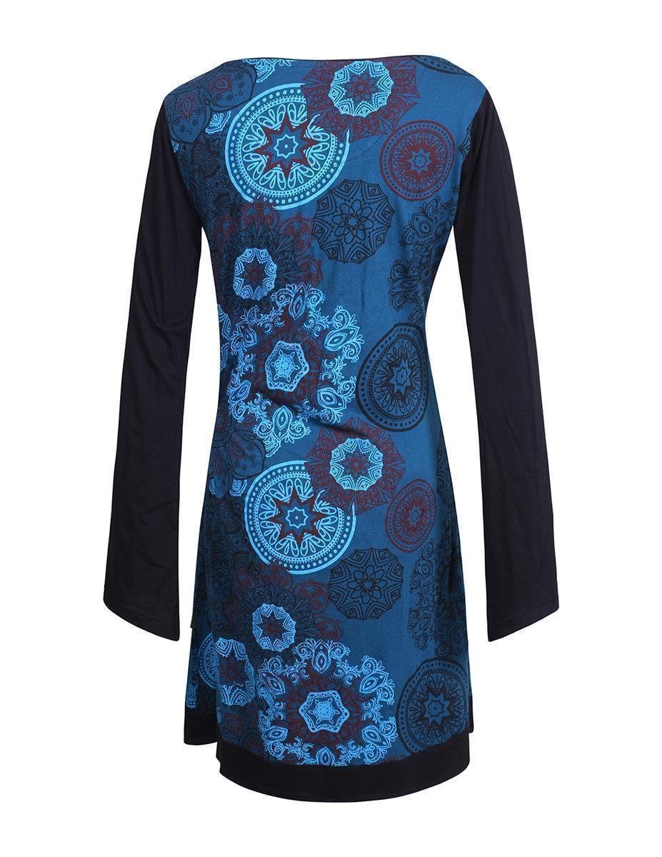 türkis Shirt, V-Ausschnitt Mandalas Kleid Jerseykleid Lagen-Look Langarm Vishes Hippie-Kleid Long