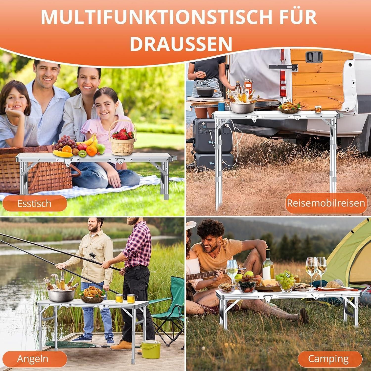 LuxusKollektion Campingtisch Campingtisch klappbar 3 Höhen Aluminium 87x40cm(3 Höhen) Silber