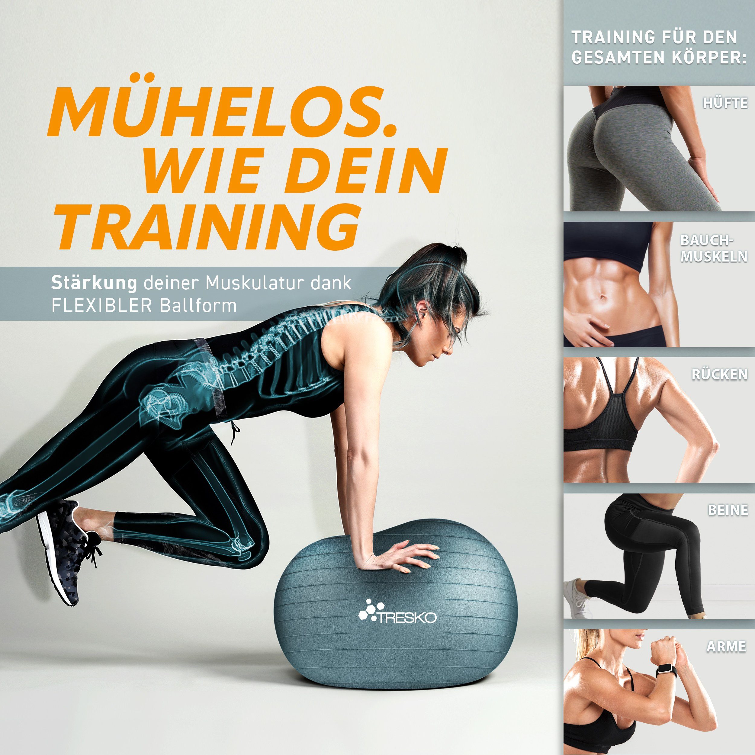 TRESKO Gymnastikball mit GRATIS Übungsposter inkl. Luftpumpe Yogaball, BPA-Frei Sitzball Büro Anti-Burst inkl. Luftpumpe, Fitnessball