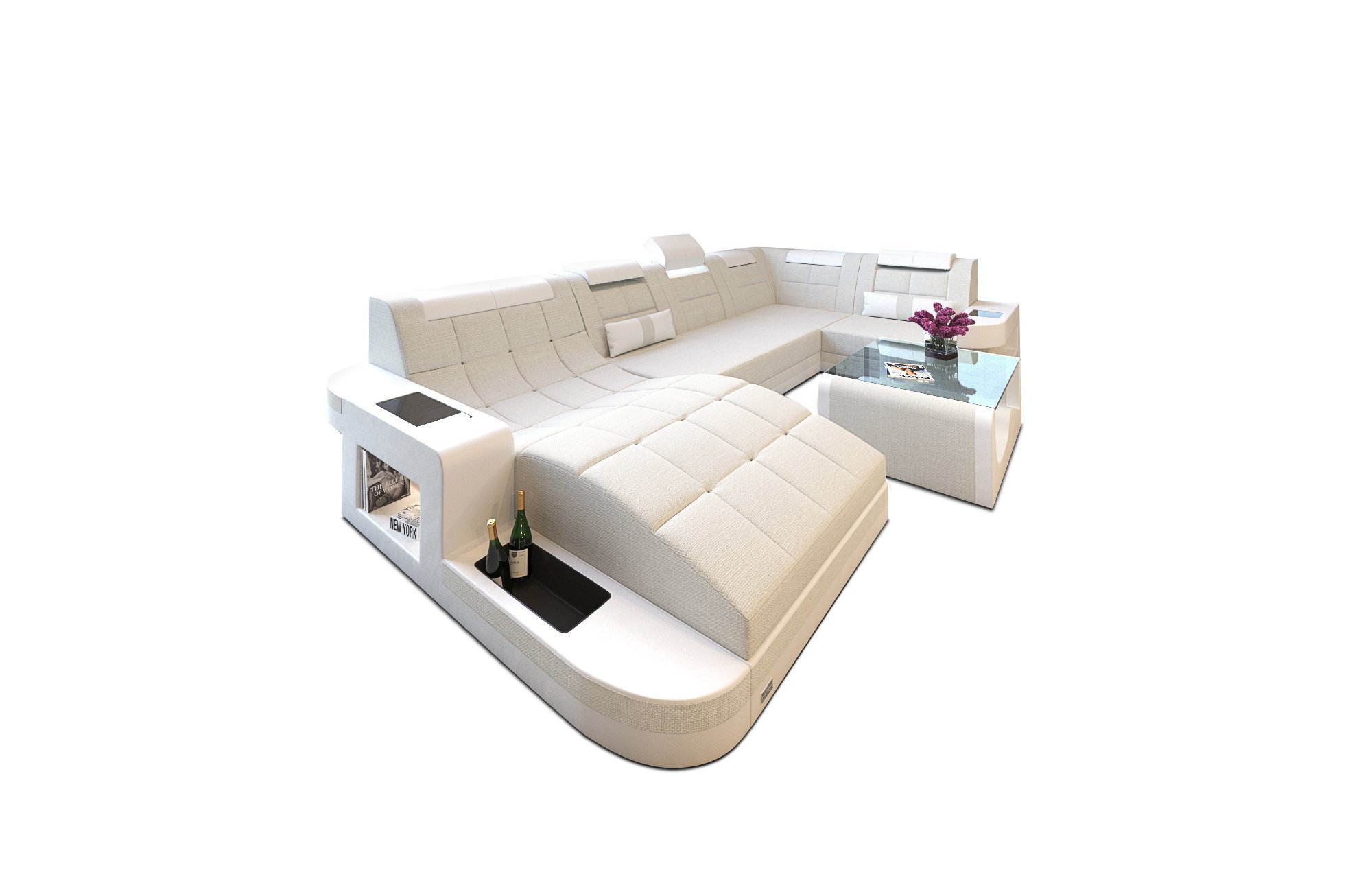 mit Stoffsofa Sofa, H wahlweise Wave Dreams elfenbein-weiß Strukturstoff Sofa Polster Couch U Bettfunktion Wohnlandschaft Form