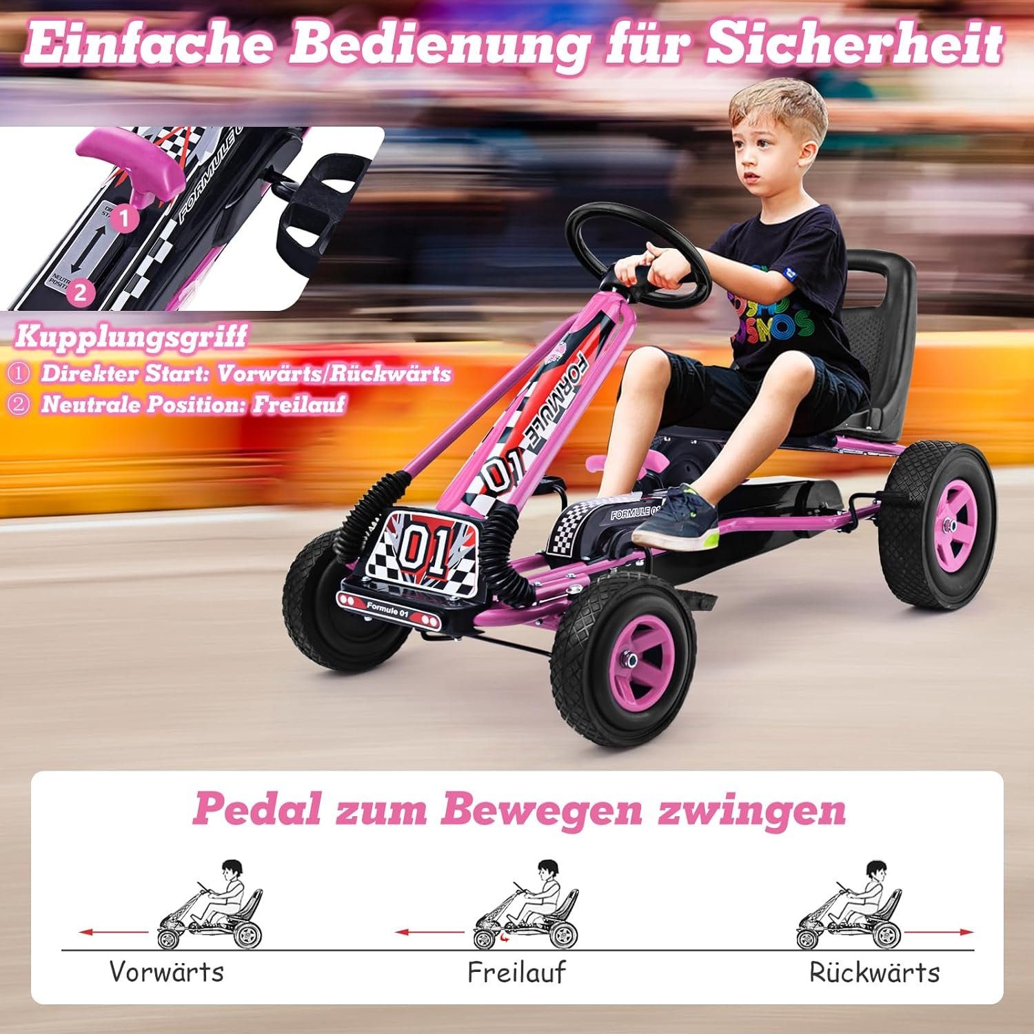 KOMFOTTEU Go-Kart Kinderfahrzeug Pedalfahrzeug, mit verstellbarem Sitz, für Kinder 3-8 Jahren