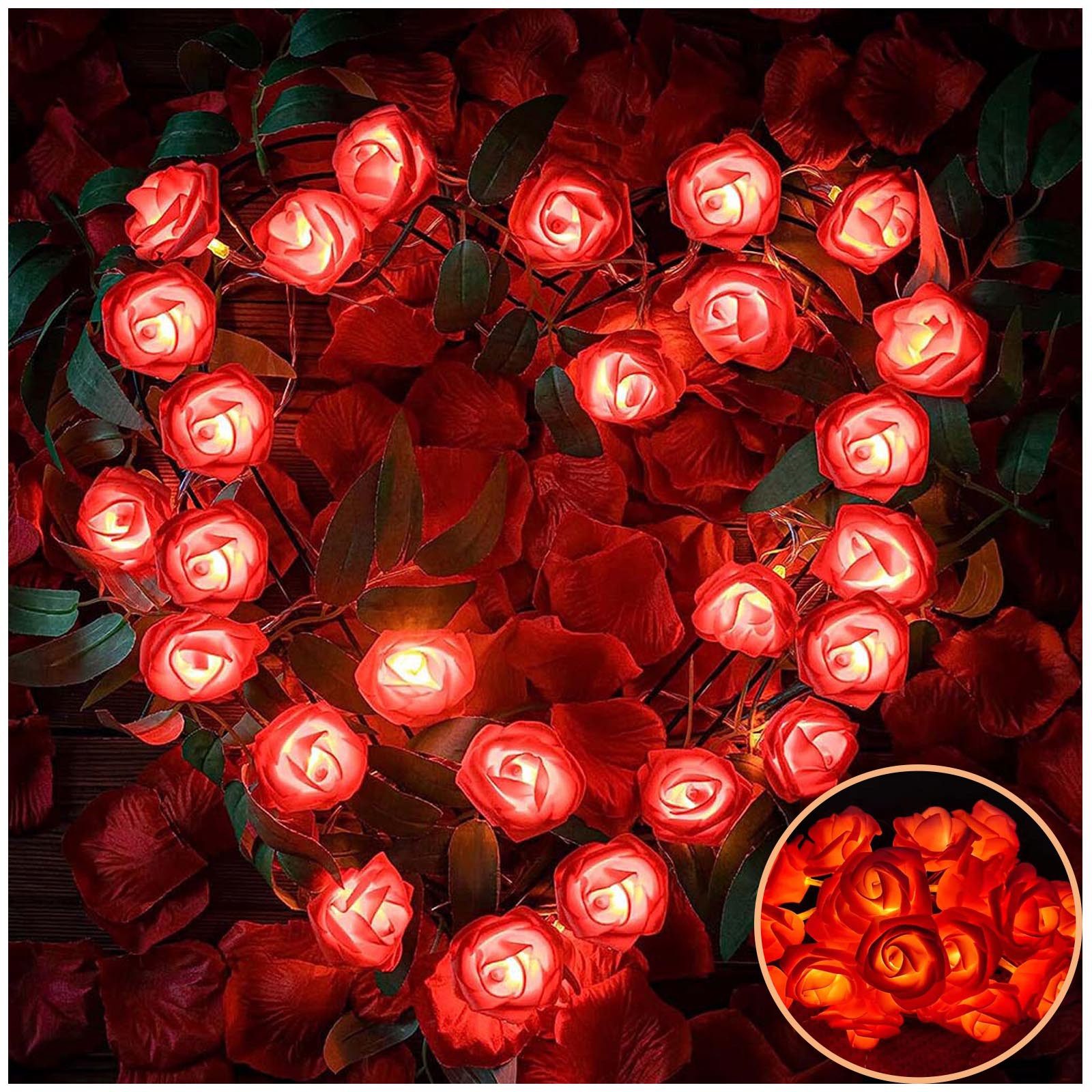 MUPOO LED-Lichterkette LED Nachtlicht 3M 20LEDs Girlande,Kunstblume Rose Warmweiß,Batterie, für Party Weihnachten,Blumengirlande Rose,LED Dekolicht