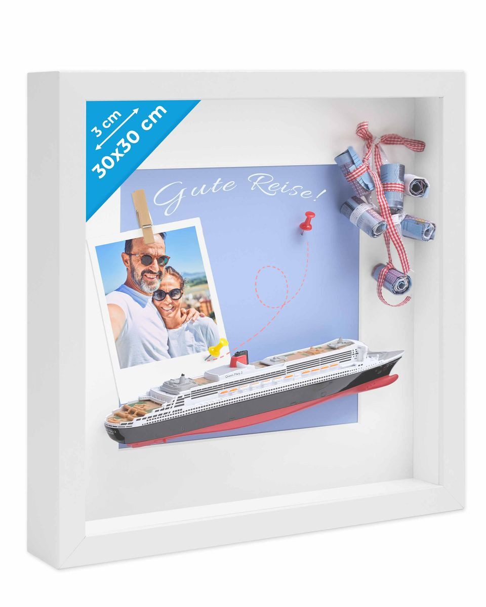 PHOTOLINI Bilderrahmen 3D-Objektrahmen tief zum Befüllen mit Glasscheibe, für 1 Bilder (1 Einzelrahmen), tiefer Rahmen 30x30 cm mit Passepartout für Objekte bis 3 cm Tiefe