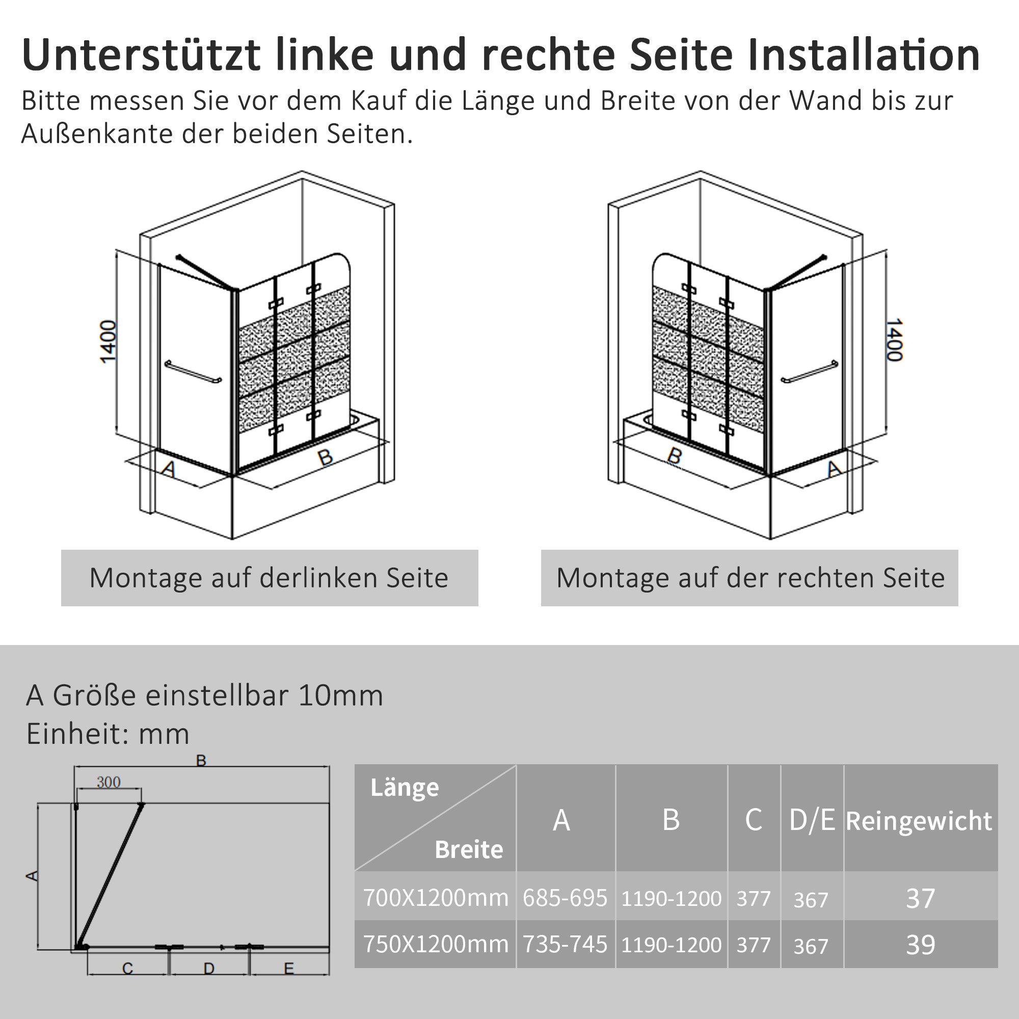 Boromal Badewannenaufsatz Eck mit seitenwand 70cm 75cm 80cm Badewannenfaltwand 3teilig Milchglas, 6mm Sicherheitsglas, (Duschtrennwand mit Handtuchhalter, Halte – Bild 3 von 5