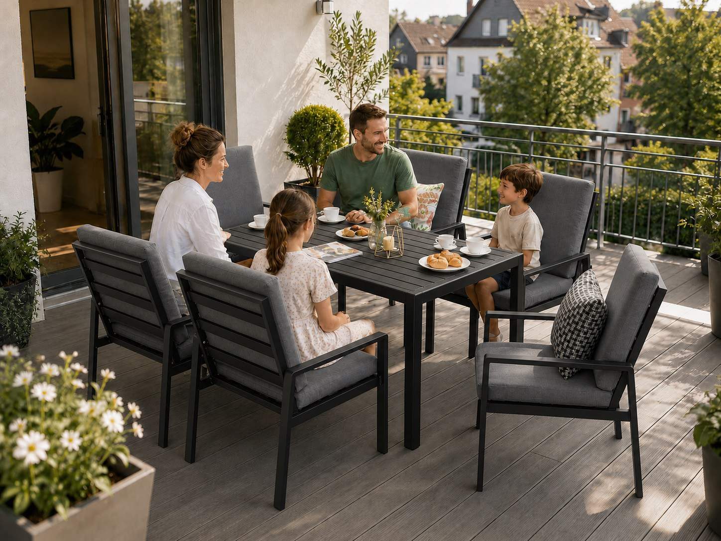 MeXo Gartenlounge-Set Gartenmöbel Set Aluminium Outdoor, (Garten-Essgruppe für 6 Personen, 7-tlg., mit Polywood Tisch & Auflagen), wetterfest für Terrasse & Gar – Bild 3 von 5