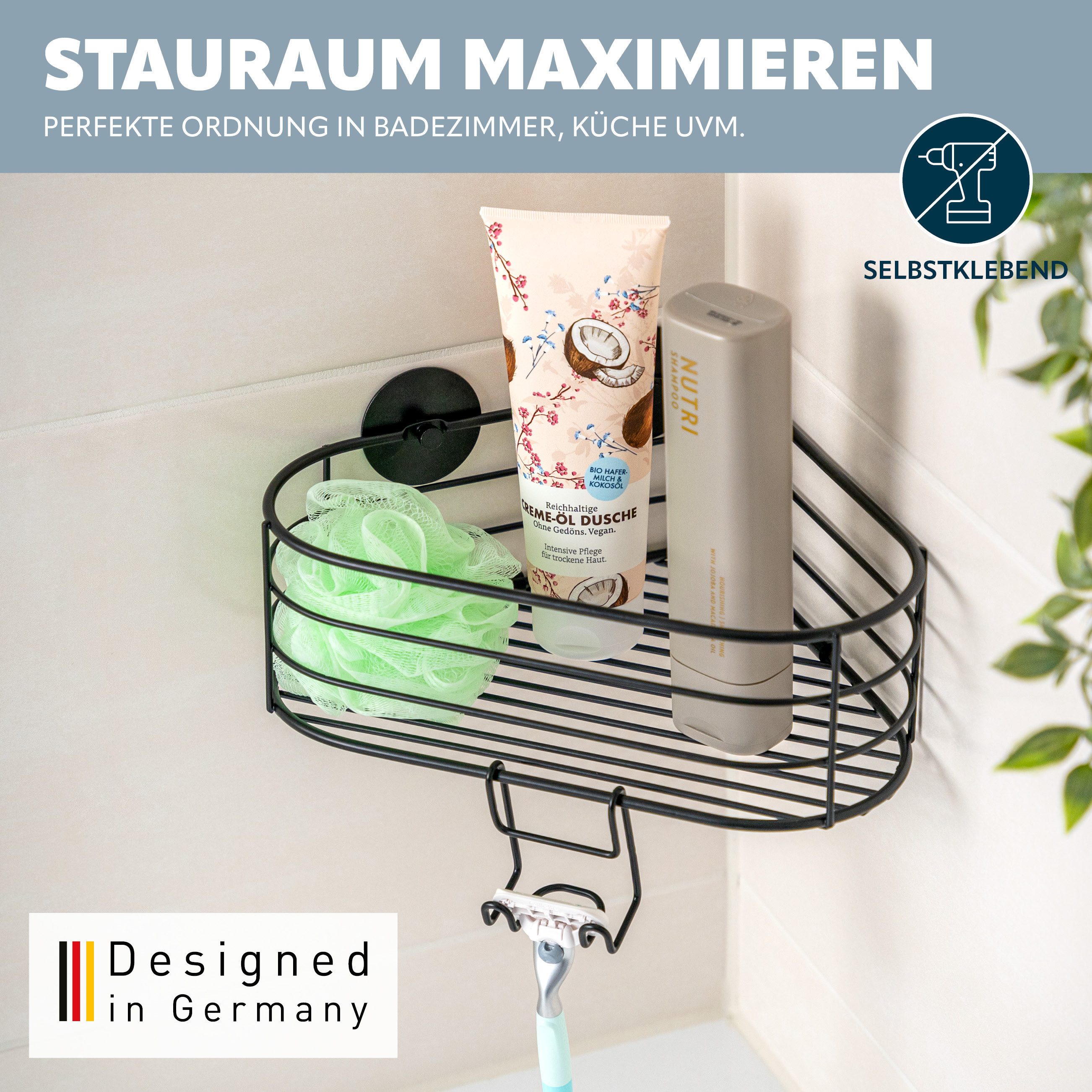 bremermann Duschablage Eck-Duschkorb, zur Wandmontage, schwarz, Kleben oder Bohren, 1-tlg.