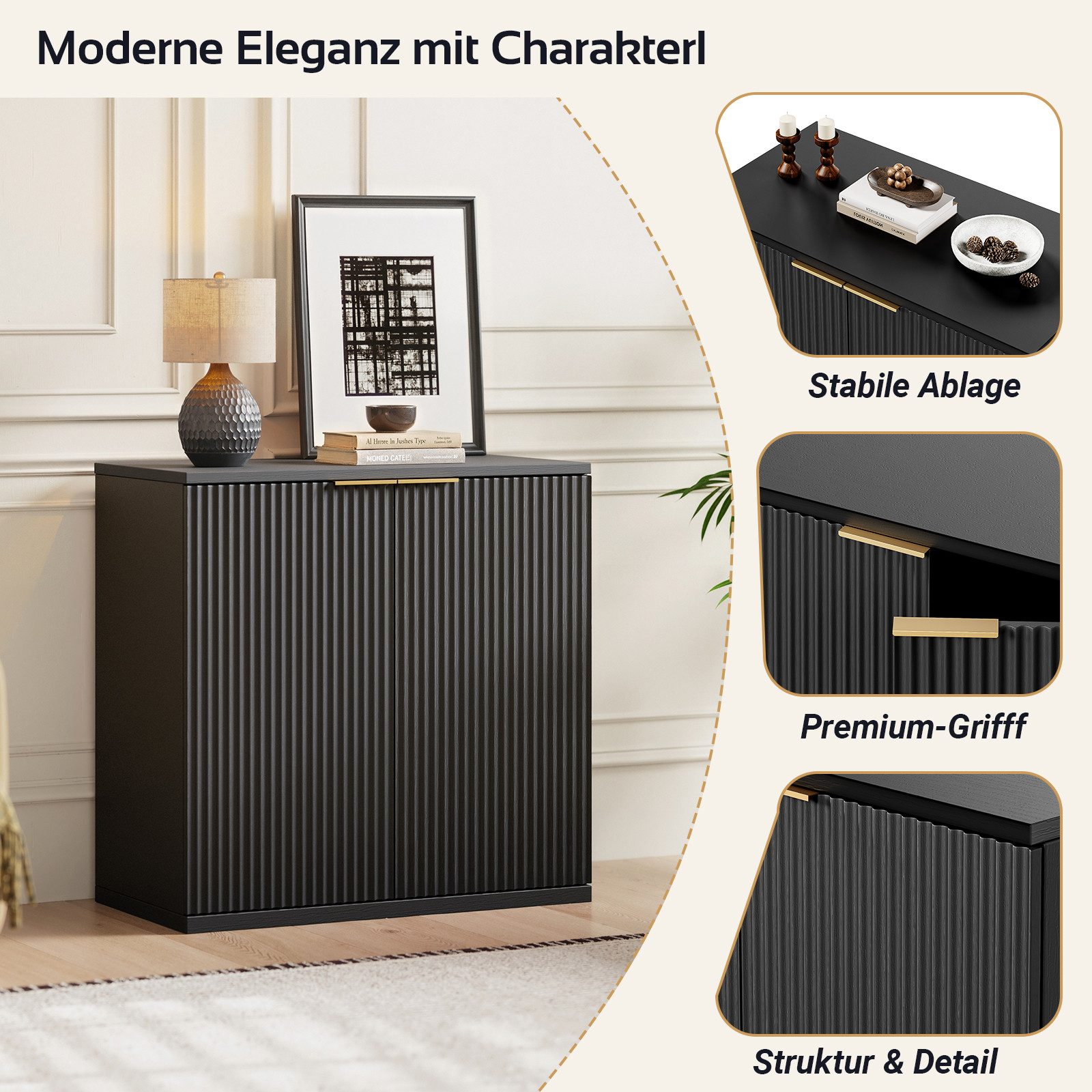 MODFU Sideboard Aufbewahrungsschrank mit Faltenfront (Schrank, Metallgriff, für Wohnzimmer & Schlafzimmer, Küchenschrank Anrichte 60x30x70 cm)