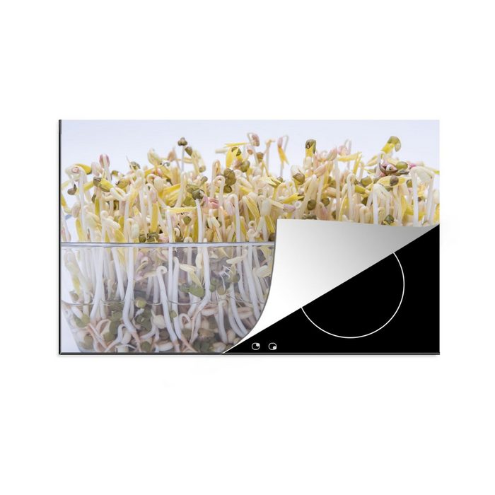 MuchoWow Herdblende-/Abdeckplatte Bohnensprossen in einer Glasschale vor weißem Hintergrund Vinyl (1 tlg) Ceranfeldabdeckung für die küche Induktionsmatte