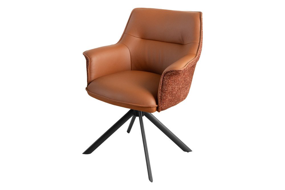 riess-ambiente Drehstuhl LE GRAND cognac – Echtleder, Strukturstoff, 180° drehbar, mit Armlehne (Einzelartikel, 1 St), mit Metallgestell & Auto-Return-Funktion – ideal für Deinen Esstisch