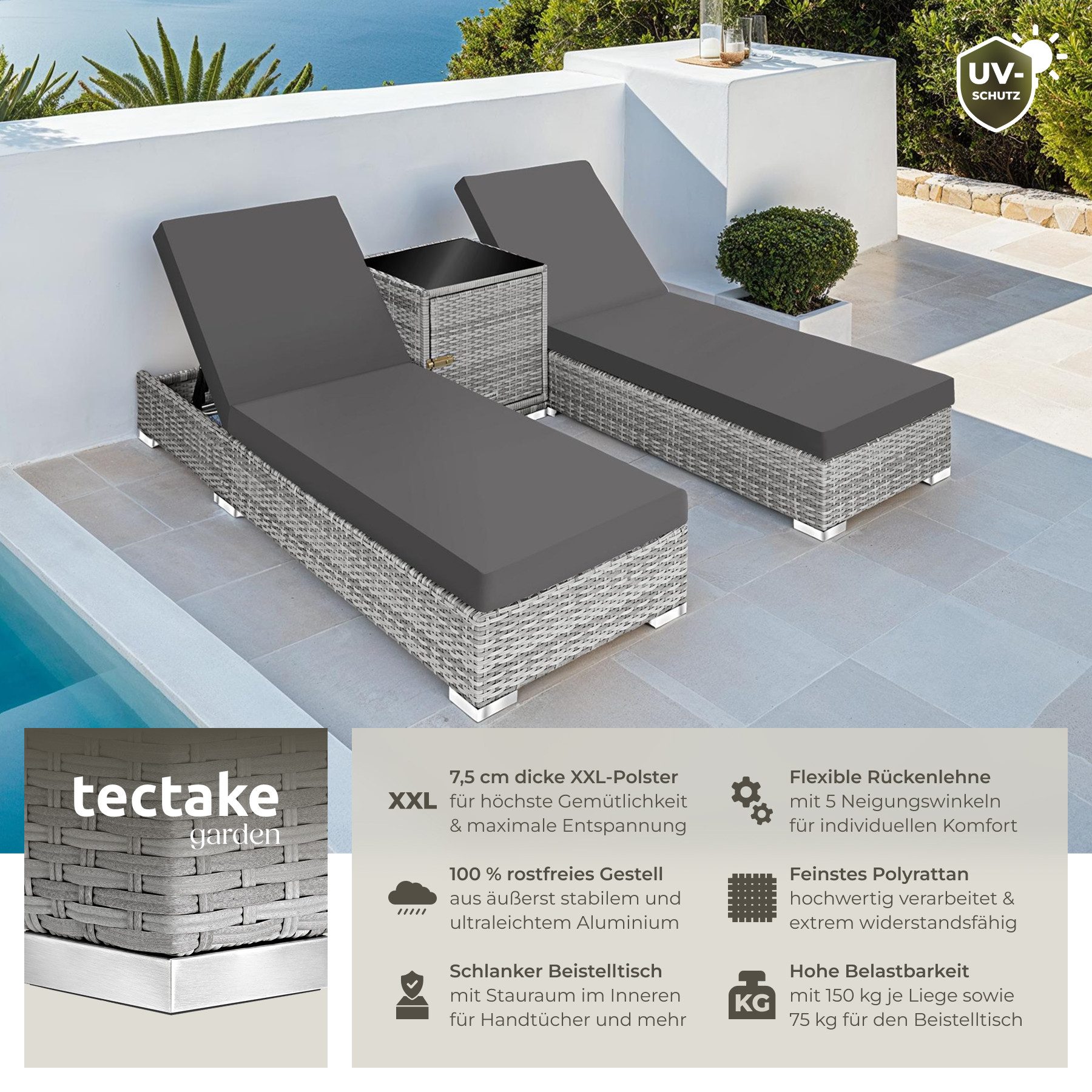 tectake Gartenliege 2er Set Rattan Sonnenliegen, günstig online kaufen
