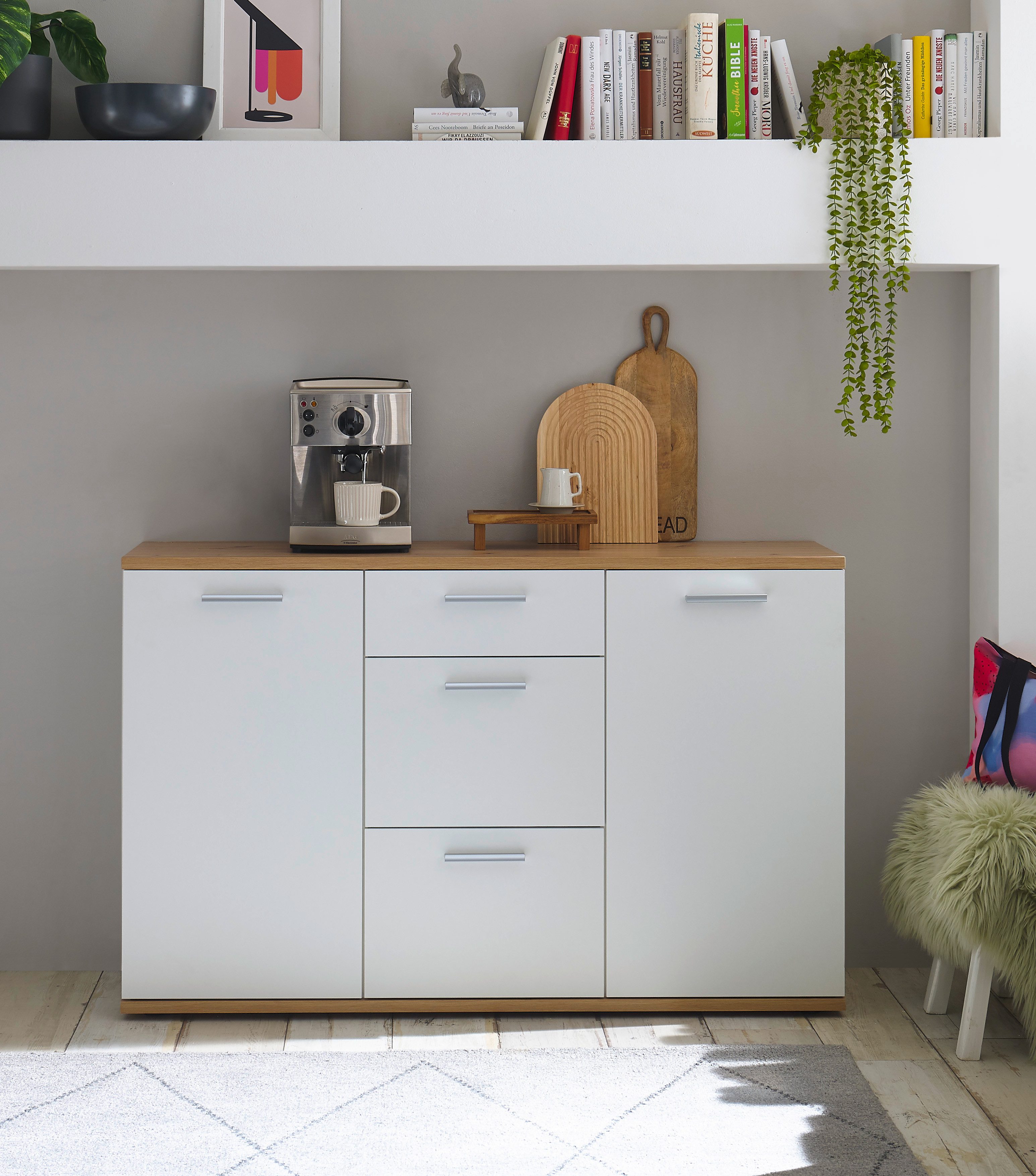 HBZ Kommode BC1035 weiß matt, BxHxT 135x86x38 cm, Kommode mit 2 Türen, 3 Schubkästen, 2 Einlegeböden