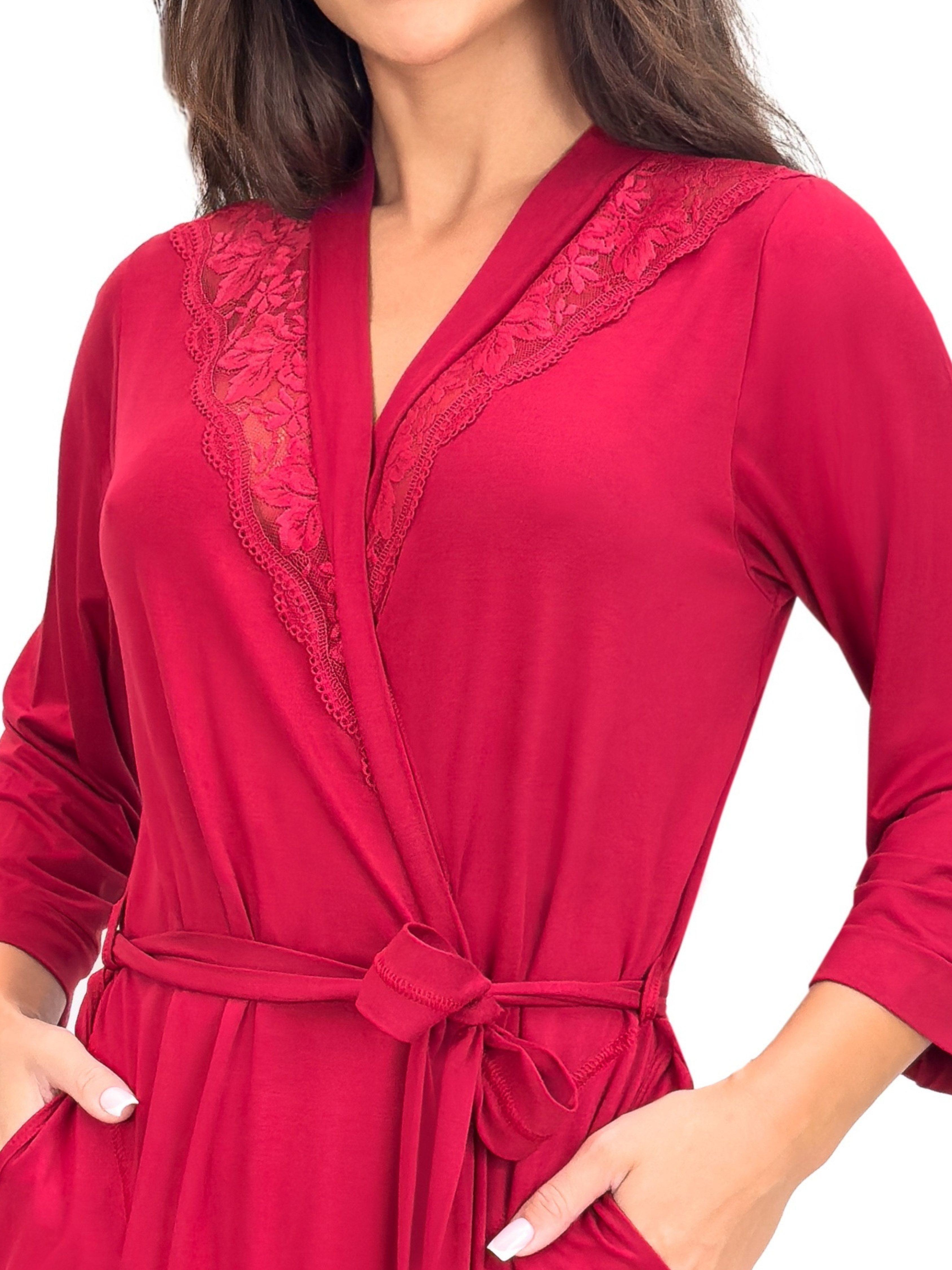 Donna Morgenmantel Kimono mit 3/4 Arm, Viskose-Elasthan, Schalkragen, Bindegürtel, mit Spitzenapplikation, edle Viskose-Qualität