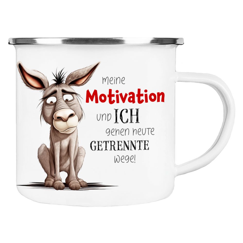 Cadouri Tasse Emaille Tasse MEINE MOTIVATION UND ICH Kaffeetasse, Metall, Outdoortasse, Campingbecher Edelstahl, handgefertigt, Geschenk, 300 ml