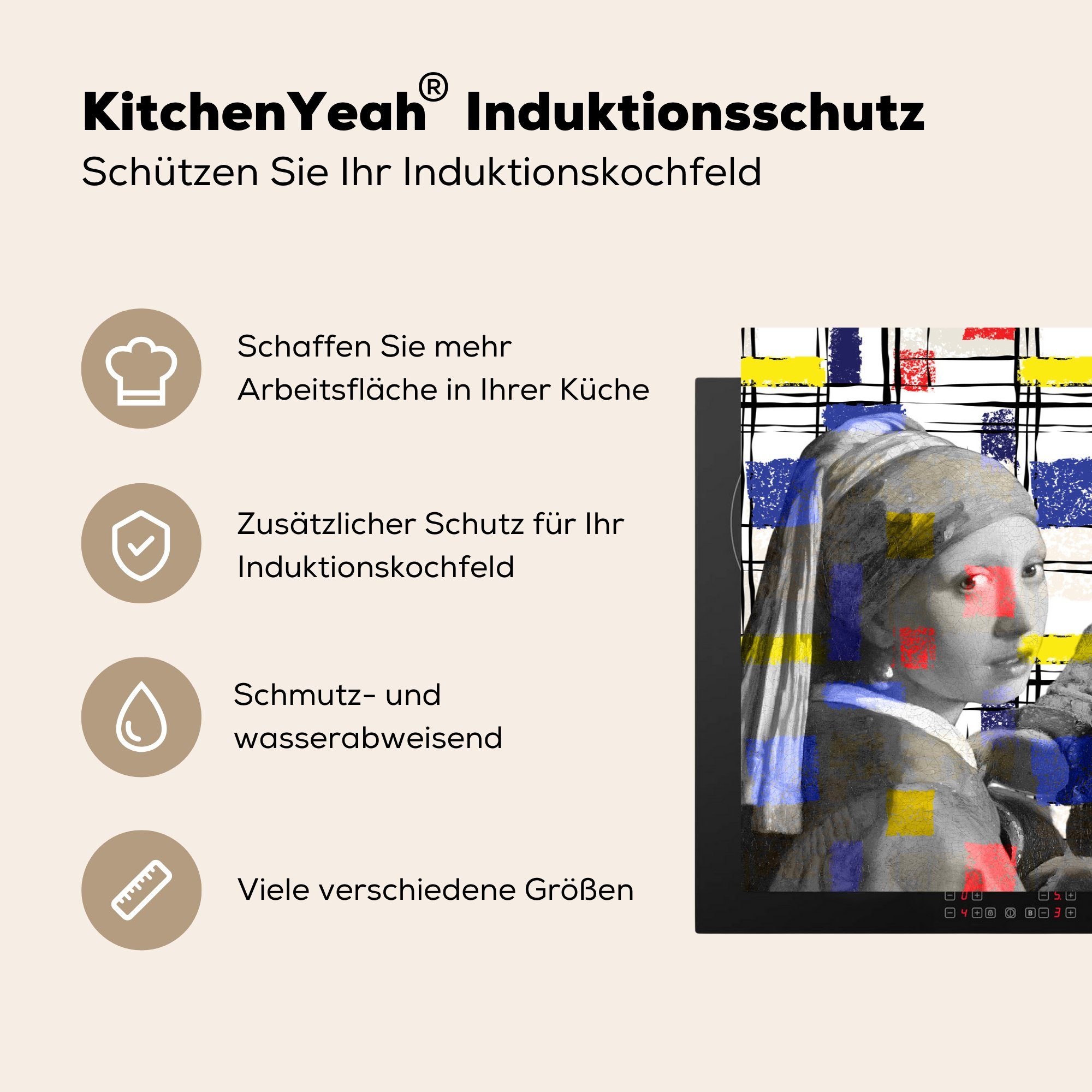 (1 Herdblende-/Abdeckplatte Schutz - tlg), die Ceranfeldabdeckung Gemälde, für cm, - Induktionskochfeld Vinyl, Mondrian MuchoWow küche, Collage 81x52