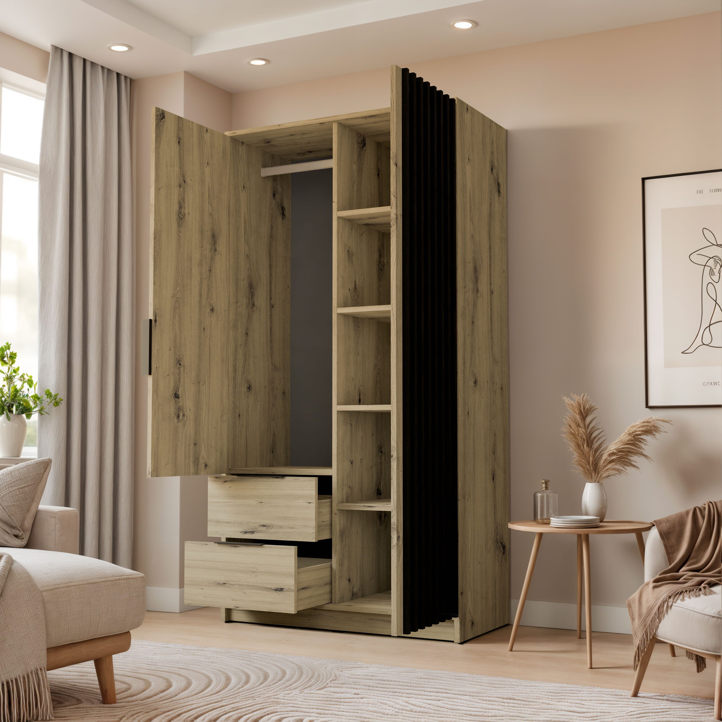 Lookway Kleiderschrank NELA 105 cm Zweittüriger Schrank mit Lamellen Breite: 105 cm