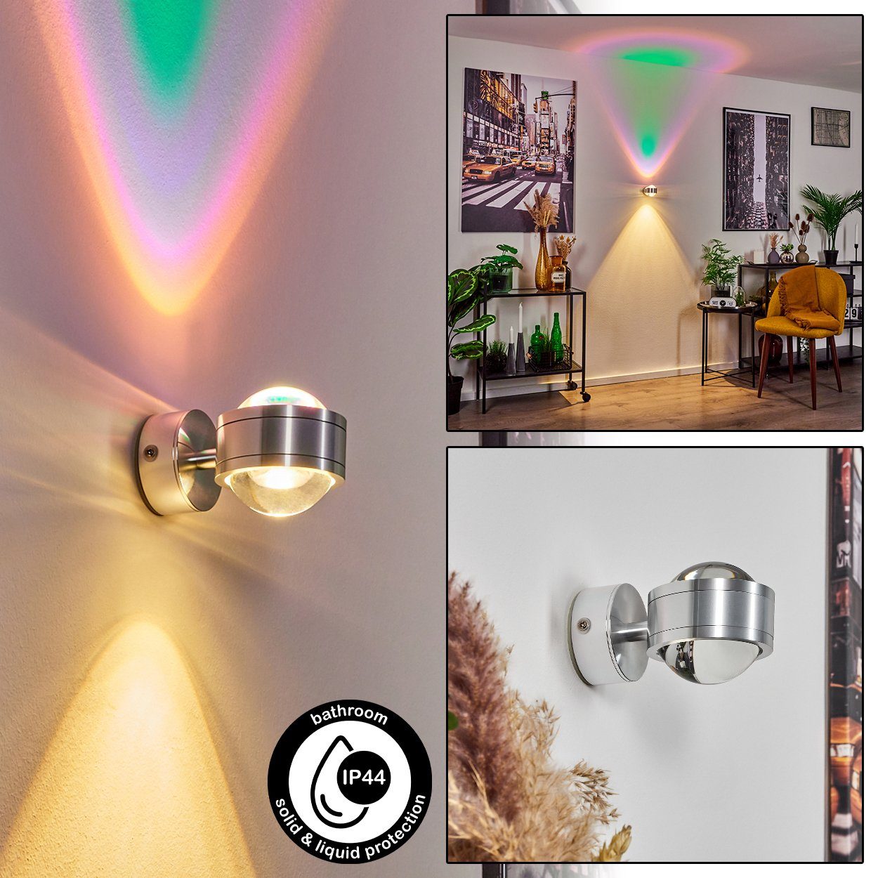 hofstein Wandleuchte »Berga« Wandleuchte, Metall, Aluminiumfarben/Klar + 1 Farbfilter grün, 3000 Kelvin, Wandstrahler mit Up&Down Effekt, 300 Lumen, IP44, Badezimmer geeignet