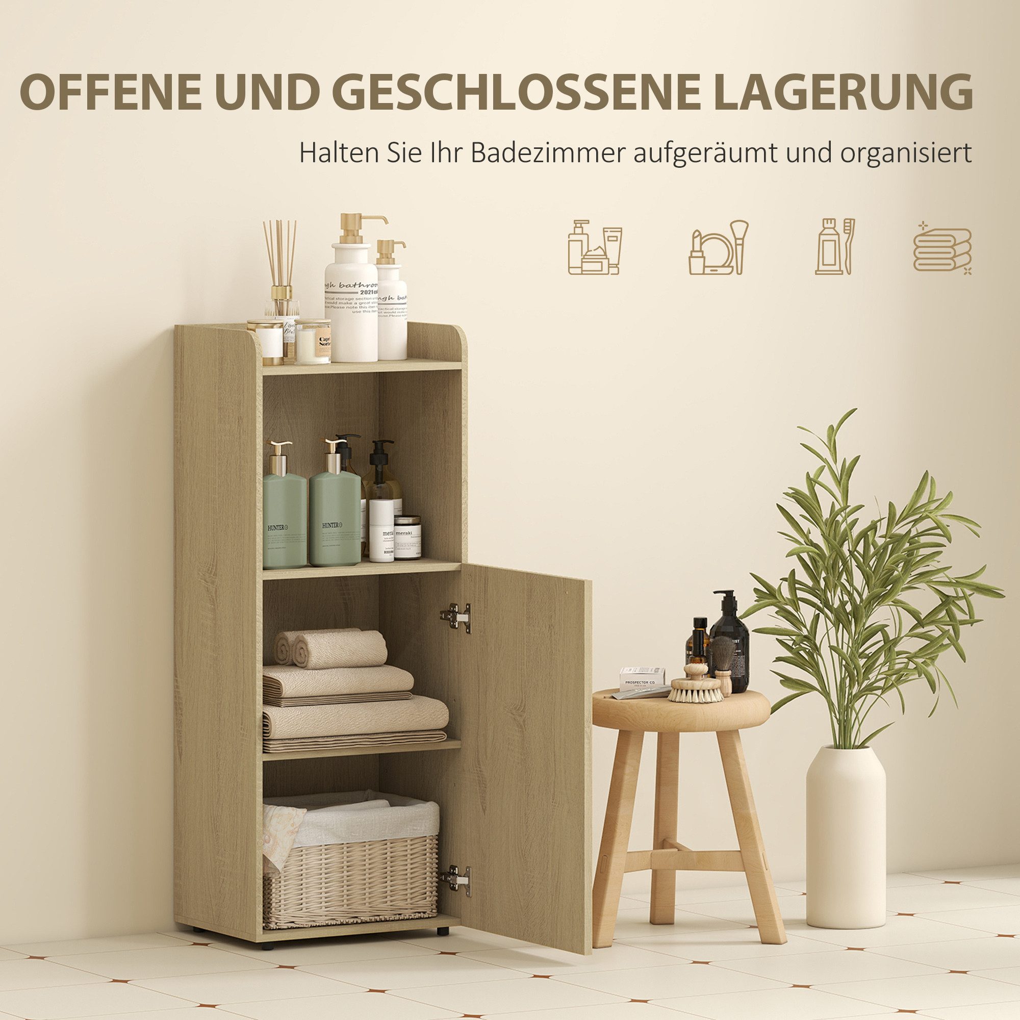 HOMCOM Badkommode Badezimmerschrank Nischenschrank mit Schrank, offen Regal (Badschrank, 1 St., Aufbewahrungsschrank), für Badezimmer, Wohnzimmer, Eiche – Bild 4 von 5