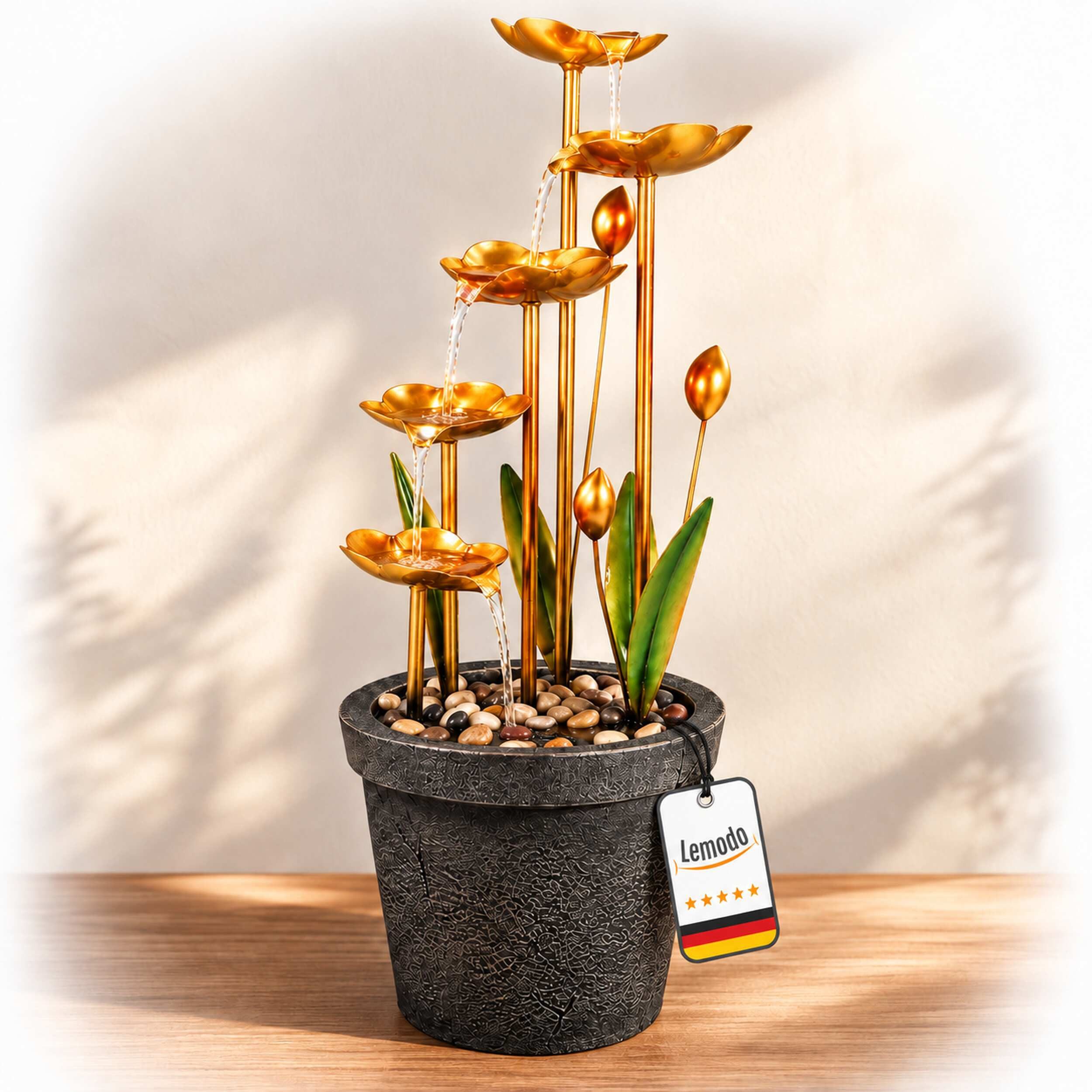 Lemodo Zimmerbrunnen Metall gold mit 5 Blütenebenen und 4 LEDs, 59 cm hoch, 5 Blütenebenen, mit LED-Beleuchtung