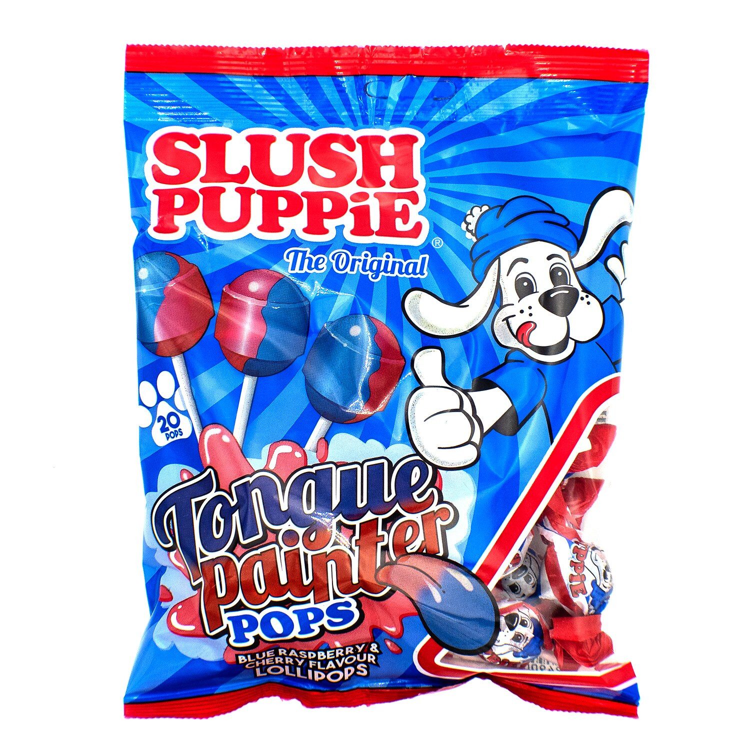 Slush Puppie Süßigkeit, 1 x 20 St., Tongue Painter Pops – Blue Raspberry & Cherry