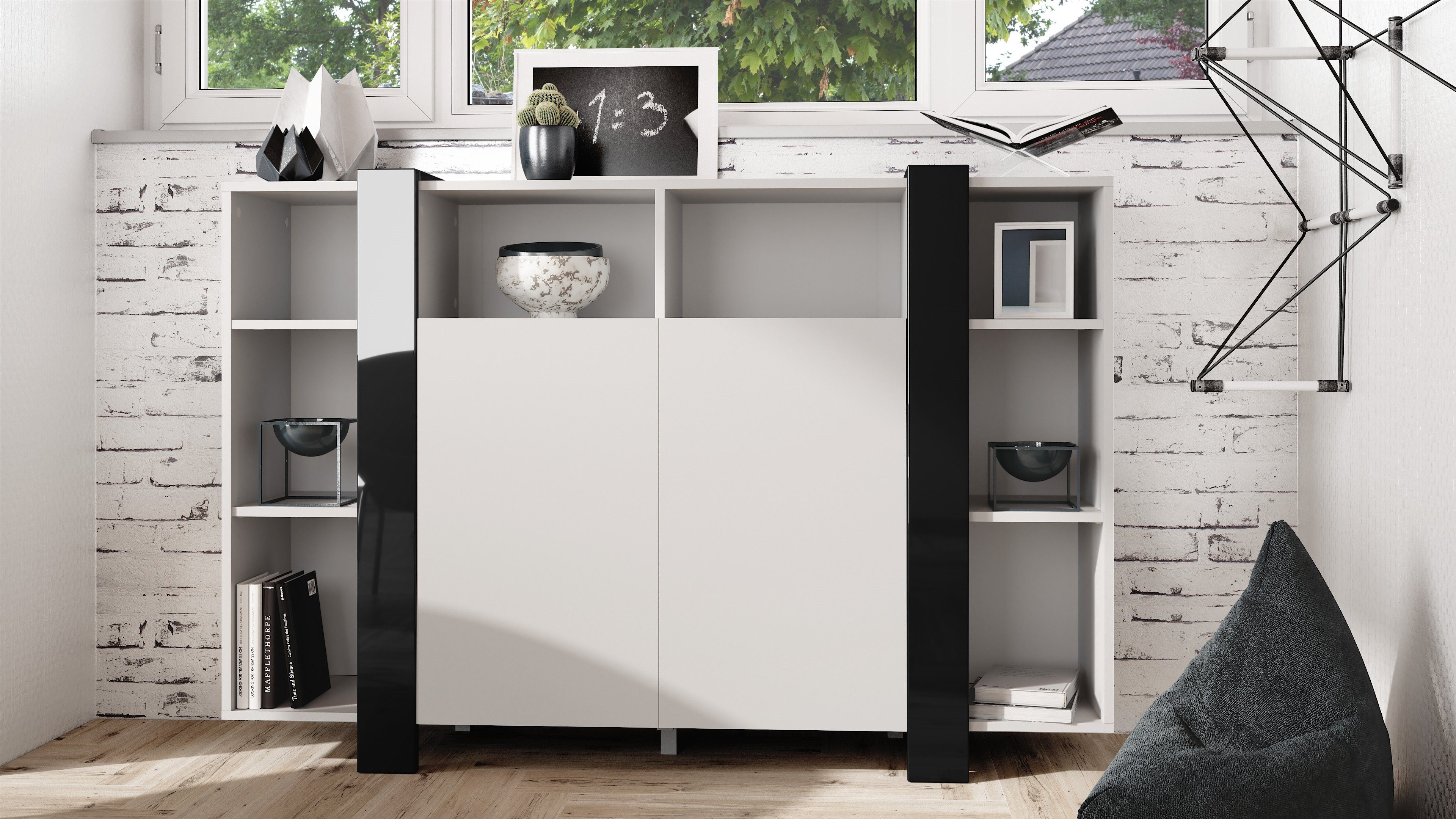 Vladon Highboard Ida V1 (Anrichte, mit 2 Türen und 8 offene Fächer), Weiß matt/Schwarz Hochglanz (149 x 101 x 34 cm)