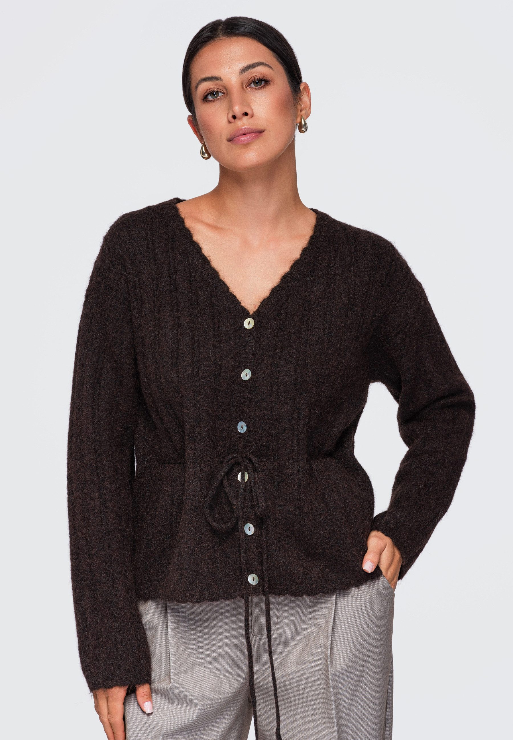 OMBRE Cardigan Damen Pullover mit V-Ausschnitt und regulierbarem Taillenzug Braun S/M (kein Set, 1-tlg) in Unifarbe