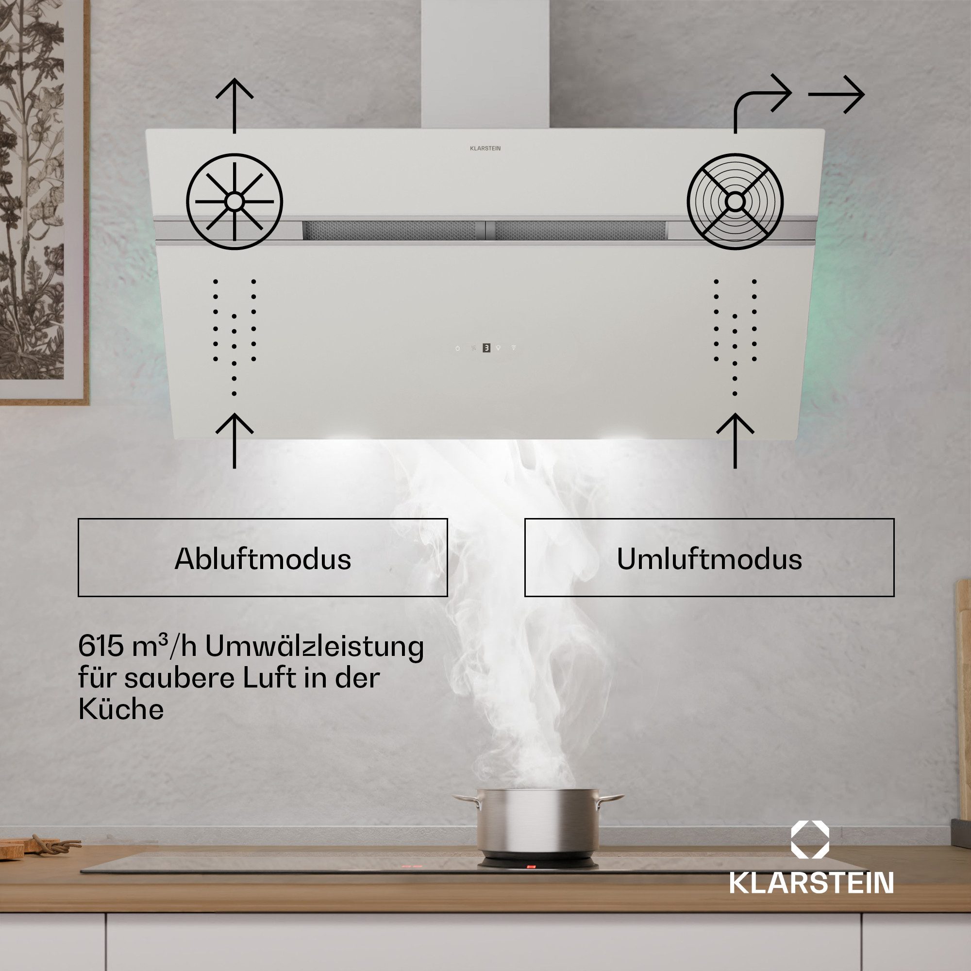 Klarstein Deckenhaube Alina Alina, kopffrei Dunstabzugshaube Umluft Abluft LED Touch App 90cm