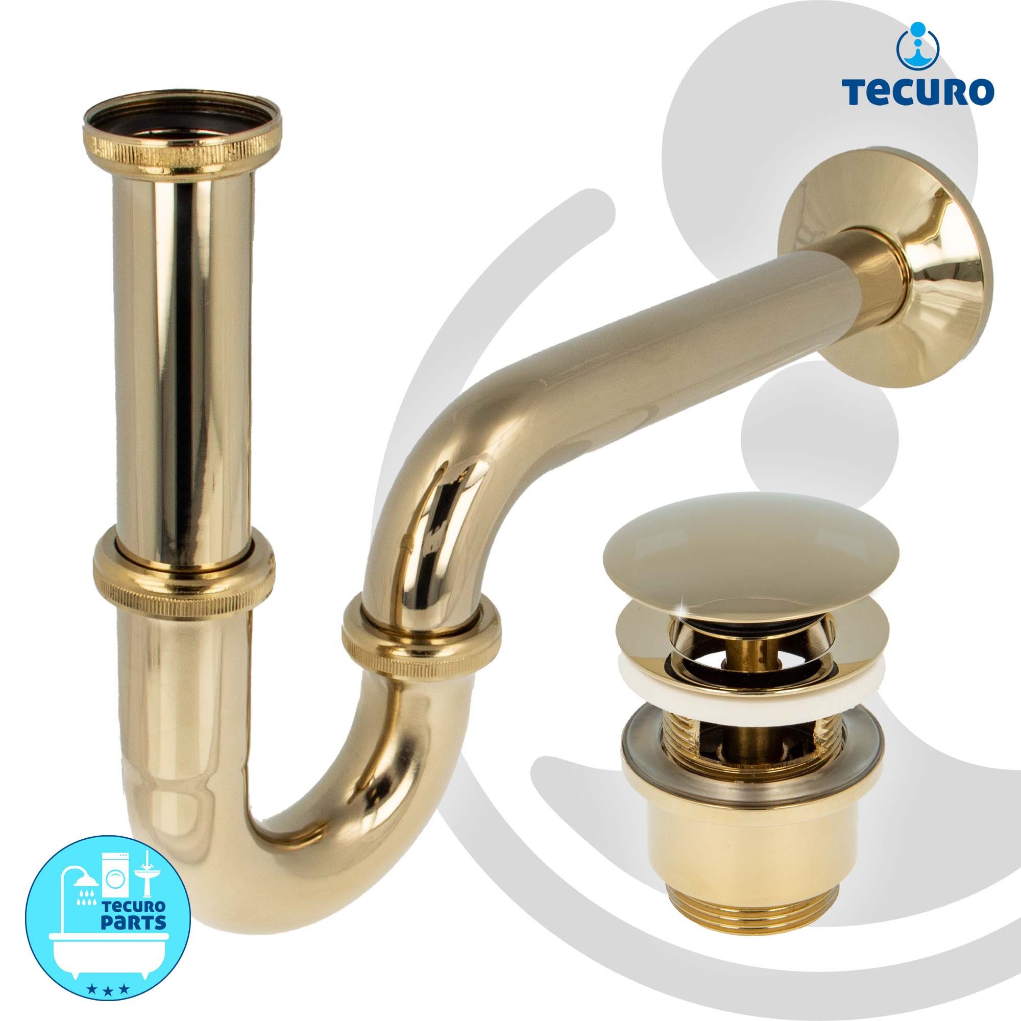 tecuro Siphon Siphon extra lang mit Pop Up Ablaufventil vergoldet, (Ablaufventil und Röhrensiphon)