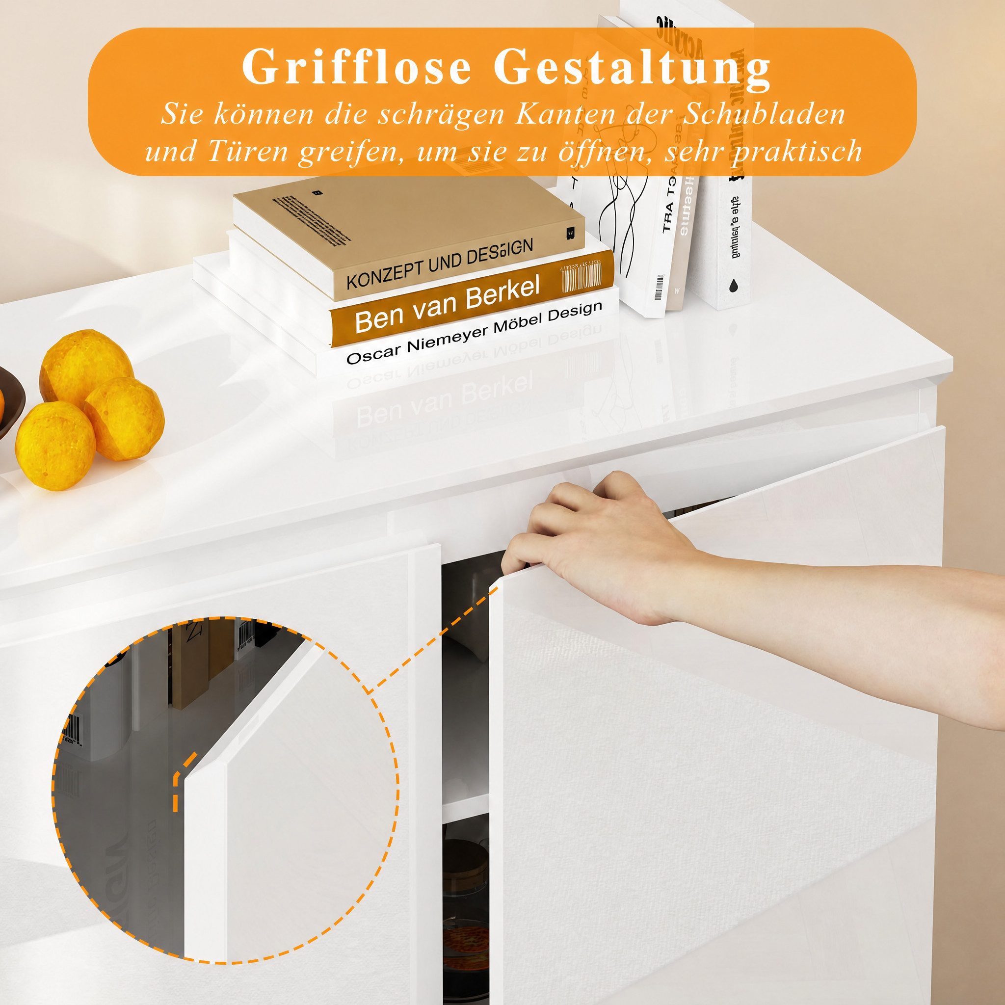FUFU&GAGA Sideboard Weiß PET Hochglanz LED Kommode grifflos 120 / 155 cm