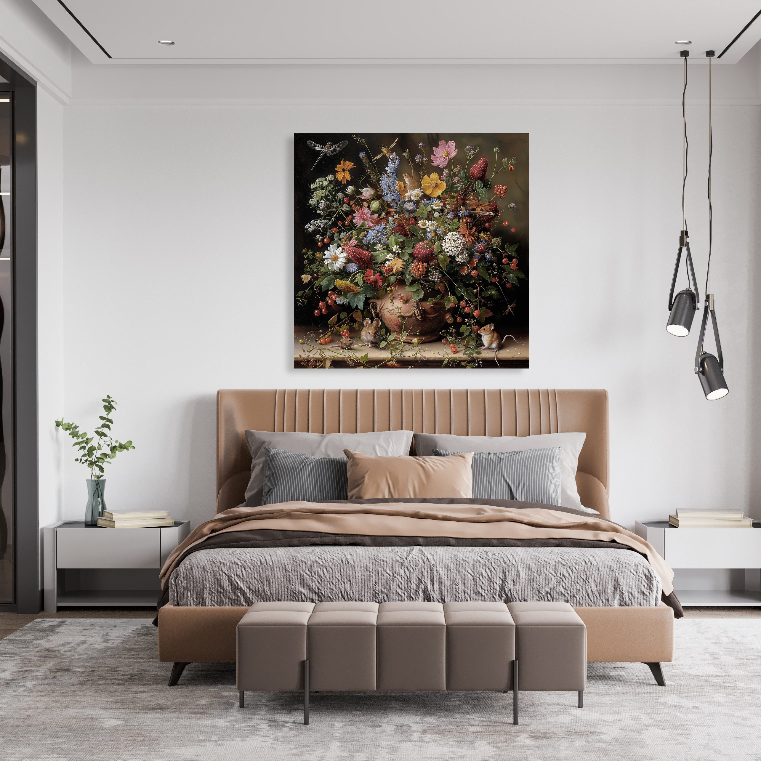 queence Leinwandbild Frühlingsstrauß, Blumen, Blumenbilder, Gemälde, Kunst, Pflanzen, Pflanzenbilder, Romantisch, Stillleben, Vasen, Vasen & Töpfe (1 St), Premium-Leinwandstoff, Handarbeit aus Deutschland
