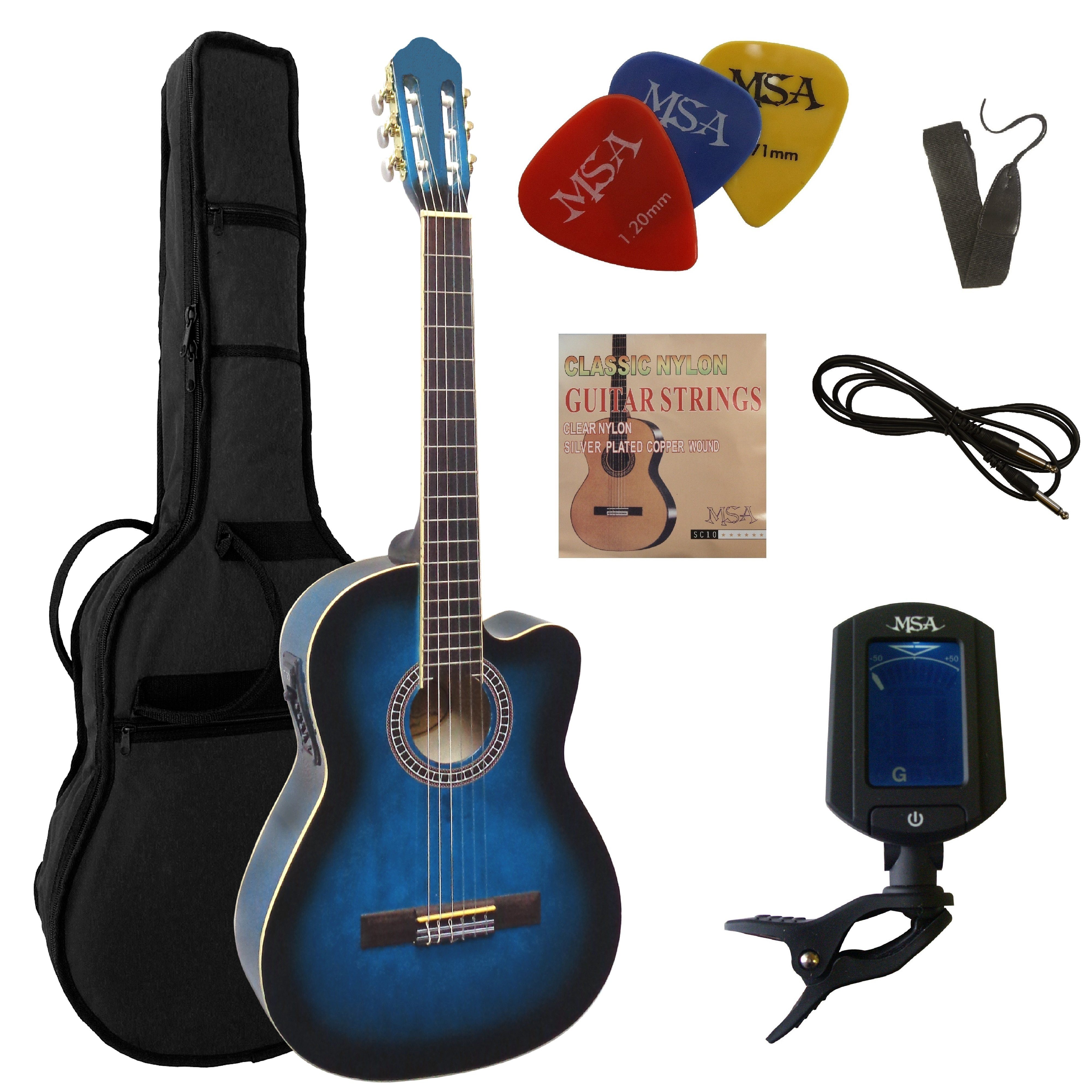 MSA Akustikgitarre Konzertgitarre mit EQ und Cutaway, Gitarre im Set mit Tasche, Band, Pleks, Stimmmgerät und Kabel