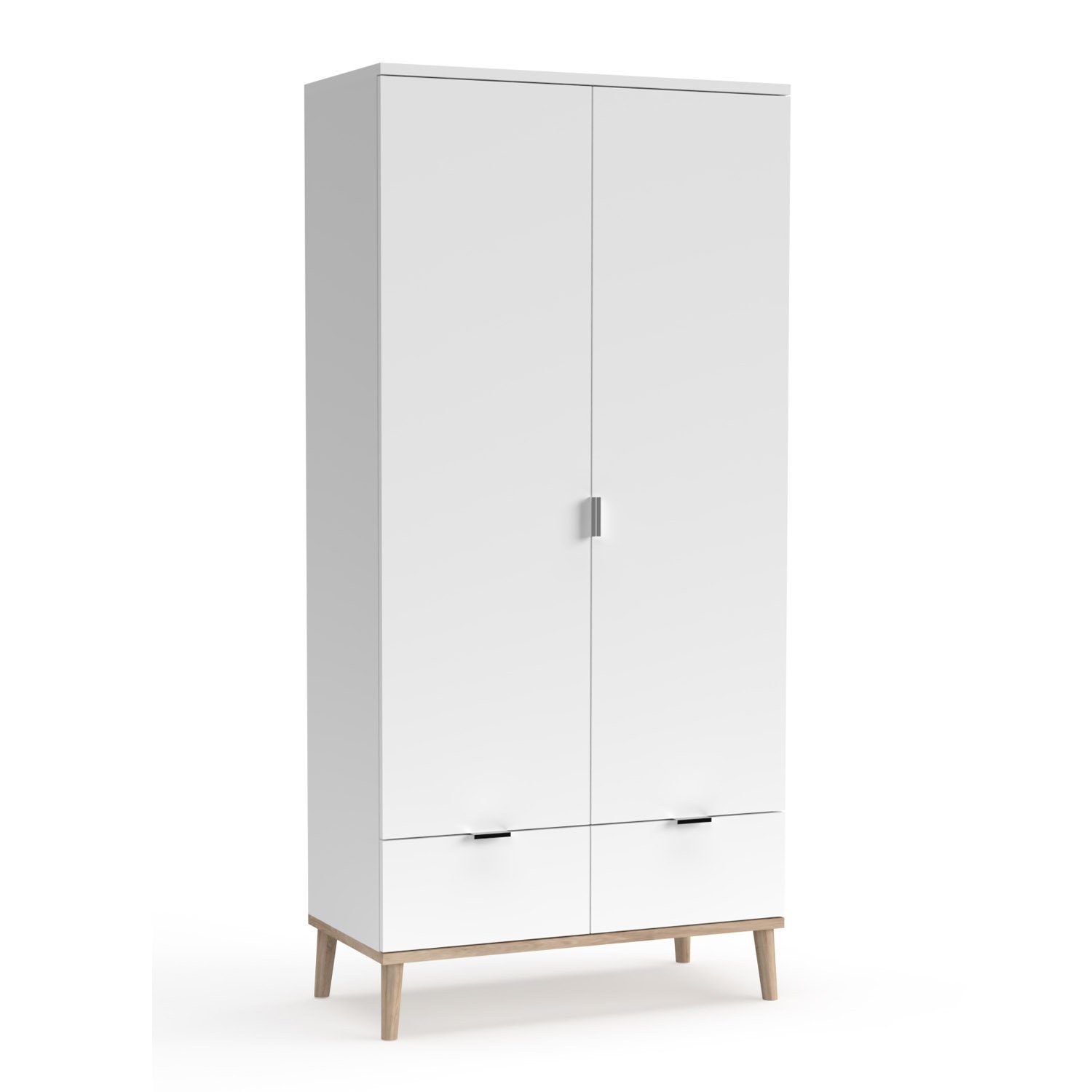 Kleiderschrank 180x90 cm Schrank Holzschrank Drehtüren Weiß Holzfüße Kleiderstange