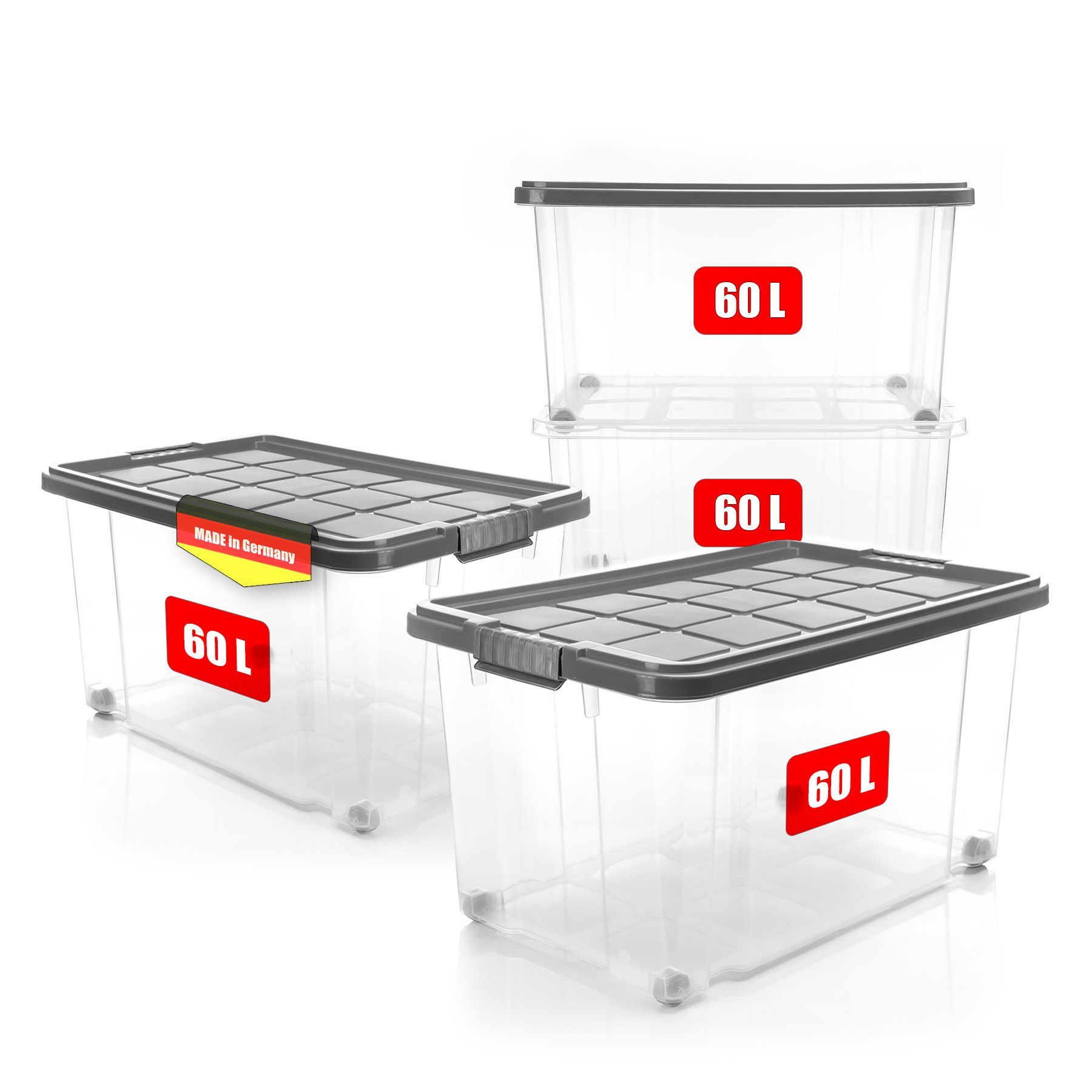 BigDean Aufbewahrungsbox 60 L mit Deckel groß – robuste Stapelbox rollbar mit Klickverschlüssen (Set, 4 St., Aufbewahrungsbox + Deckel + Rollen), Sicher Stapelbar, Platzsparend, Transparent, Rollen, Klickverschlüsse