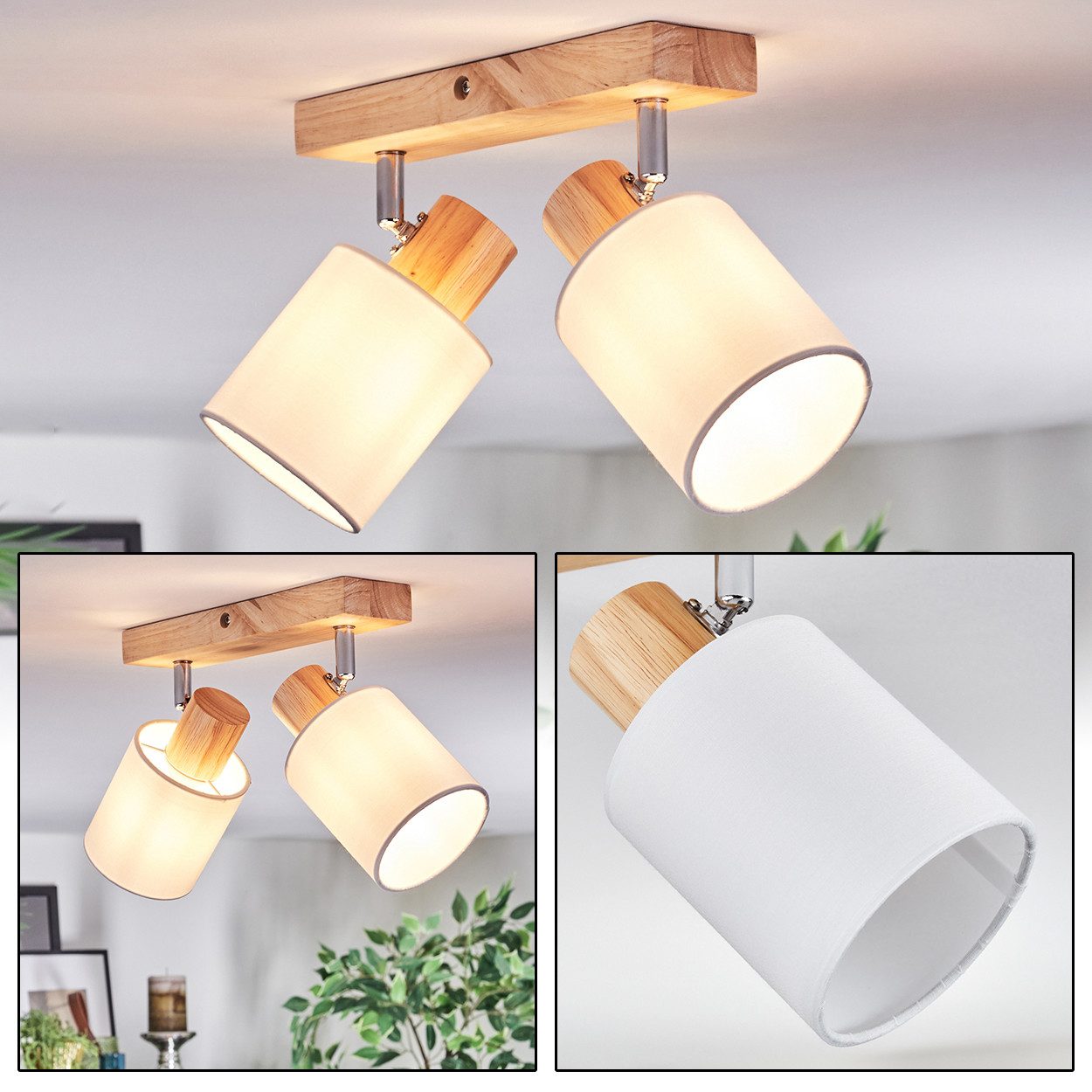 hofstein Deckenleuchte Deckenlampe aus Holz/Metall/Stoff in Natur-/Chromfarben/Weiß, ohne Leuchtmittel, verstellbare Deckenleuchte im modernen Boho-Design, 2 x E14