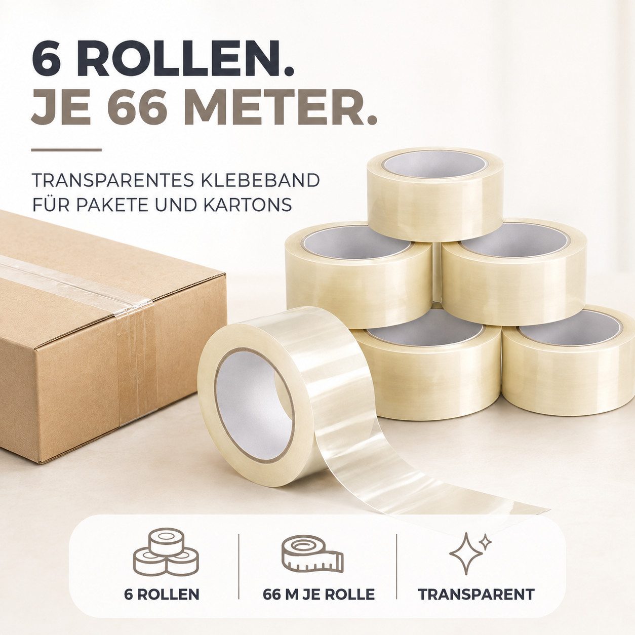 TK Gruppe Klebeband 6 Rollen transparentes Paketband, je 66 m, insgesamt 396 m (6-St., Set) – Bild 3 von 5