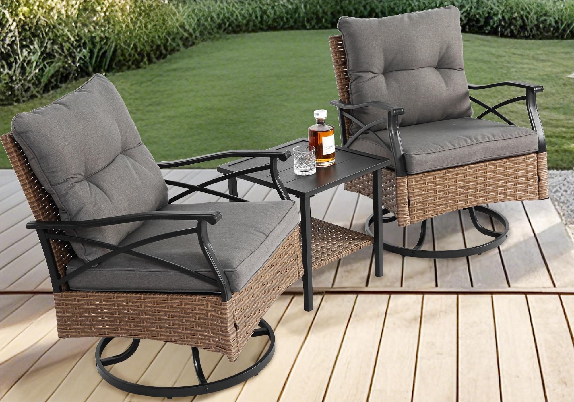 LVHOM Balkonset Outdoor-Loungeset, PE-Rattan Schaukelstuhl, (360° Swivel schwenkbar, 3-tlg. wetterfest, Gartenlounge-Set, Gartenbar-Set, Polstergarnitur, Schaukelsessel, 2 Sessel + Tisch, 150 kg Tragkraft, Grau), Ergonomische Sitzschalen, Schnell trocknende Polster