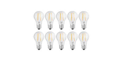 Osram LED-Leuchtmittel Classic A60 E27 Lampe Warmweiß 6W Glühbirne Tropfenform 2700K [10er], E27, 10 St., warmweiß, Energiesparend,Schraubsockel,Transparent