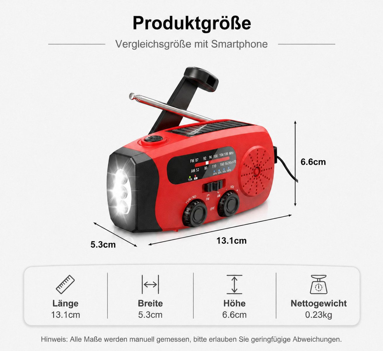 Greadio Solar-Kurbelradio Rot, Tragbares AM/FM Notfallradio, 086S Radio (AM-Tuner, FM-Tuner, NOAA-Wetterradio (WB), 0,5 W, mit LED-Lampe & 2000mAh Akku)