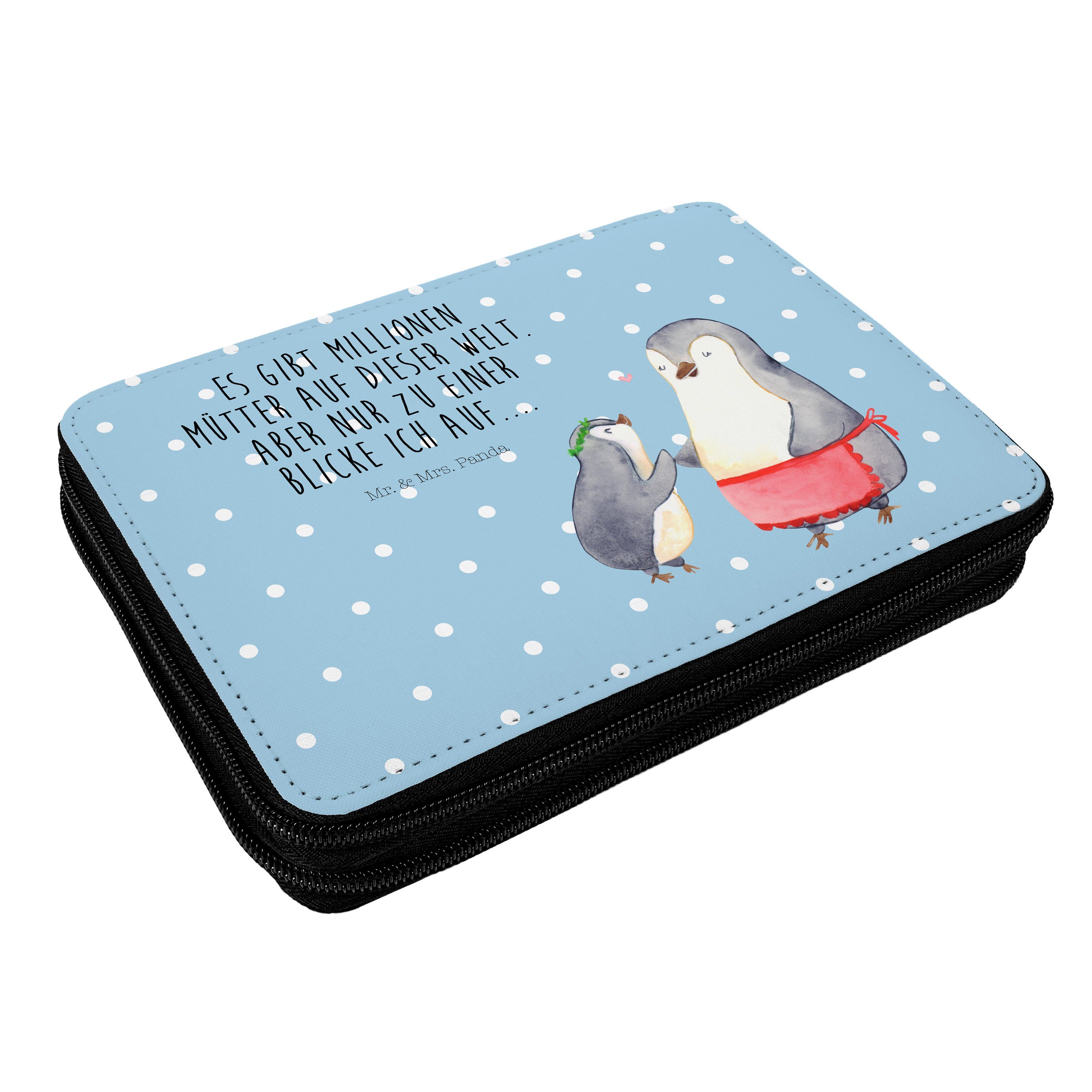 Mr. & Mrs. Panda Federmäppchen Pinguin mit Kind - Blau Pastell - Geschenk, Mama, Muttertag, Gebursts, (1-tlg)