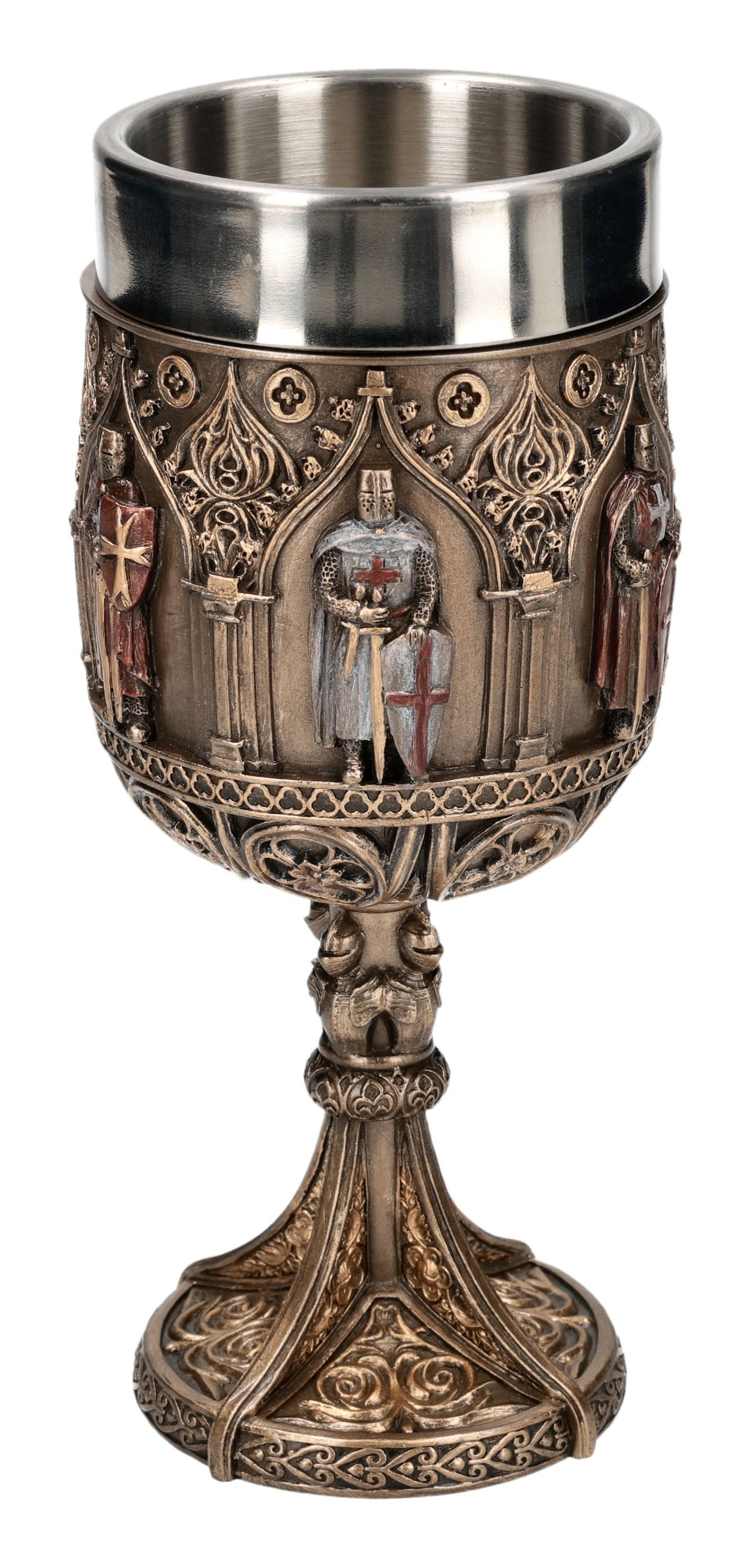 Figuren Shop GmbH Becher Tempelritter Kelch – Ritter Becher Figur Templer Gothic 18cm Weinkelch, Kunststein (Polyresin), Edelstahl