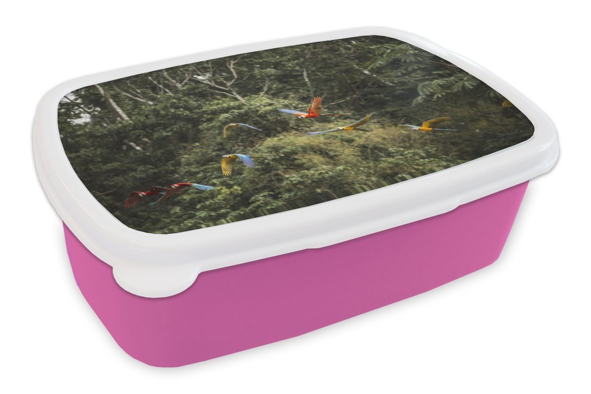 MuchoWow Lunchbox Papageien - Fliegen - Wald, Kunststoff, (2-tlg), Brotbox für Erwachsene, Brotdose Kinder, Snackbox, Mädchen, Kunststoff rosa