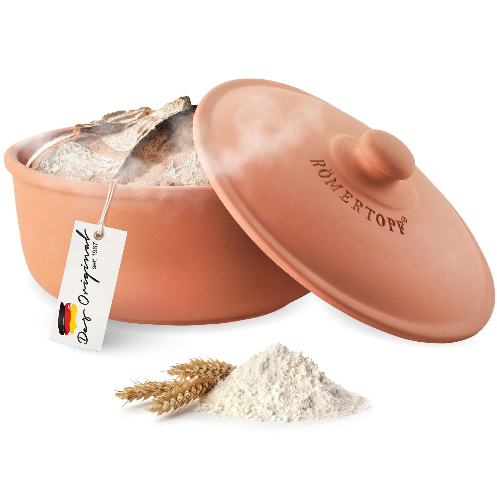 RÖMERTOPF Bräter Brot-Backtopf rund, terracotta 2 Liter - MEDI, Keramik (Set), antihaft