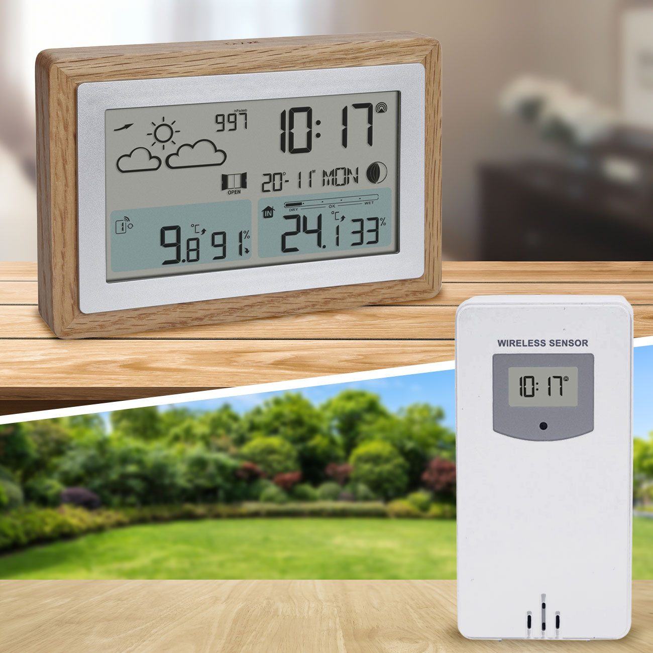 TFA Dostmann Funk-Wetterstation in Eichenholz: Mit Außensensor, Uhr & Wecker Funkwetterstation (Display mit farbigen Elementen)