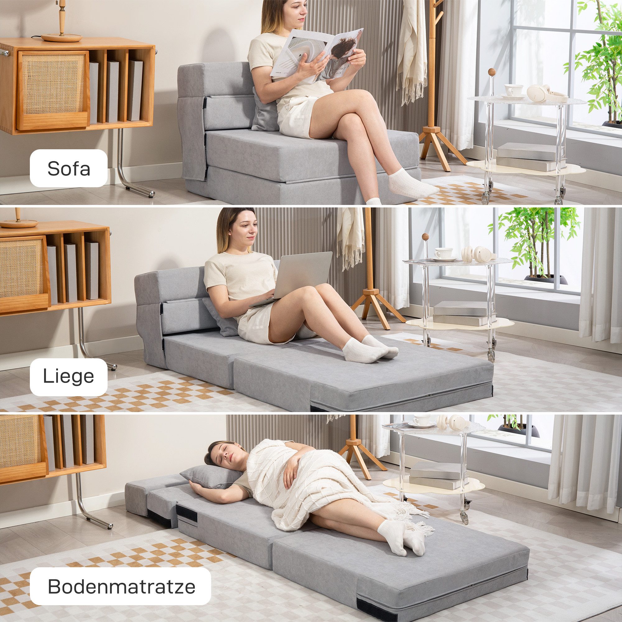 HOMCOM Schlafsofa Klappbar Sessel mit Verstellbarer Rückenlehne Kissen Gästebett, Gästebett 1 Teile, 3-in-1 Schlafsessel, klappbar, platzsparend – Bild 4 von 5