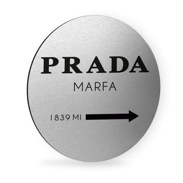 K&L Wall Art Gemälde Metallposter Prada Marfa Fashion Luxus Mode Retro Deko Silber, Metalloptik Wandbild Ø 20cm