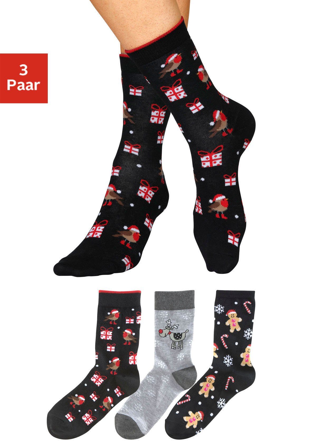 H.I.S Носки (Packung, 3-Paar) mit lustigen Weihnachtsmotiven