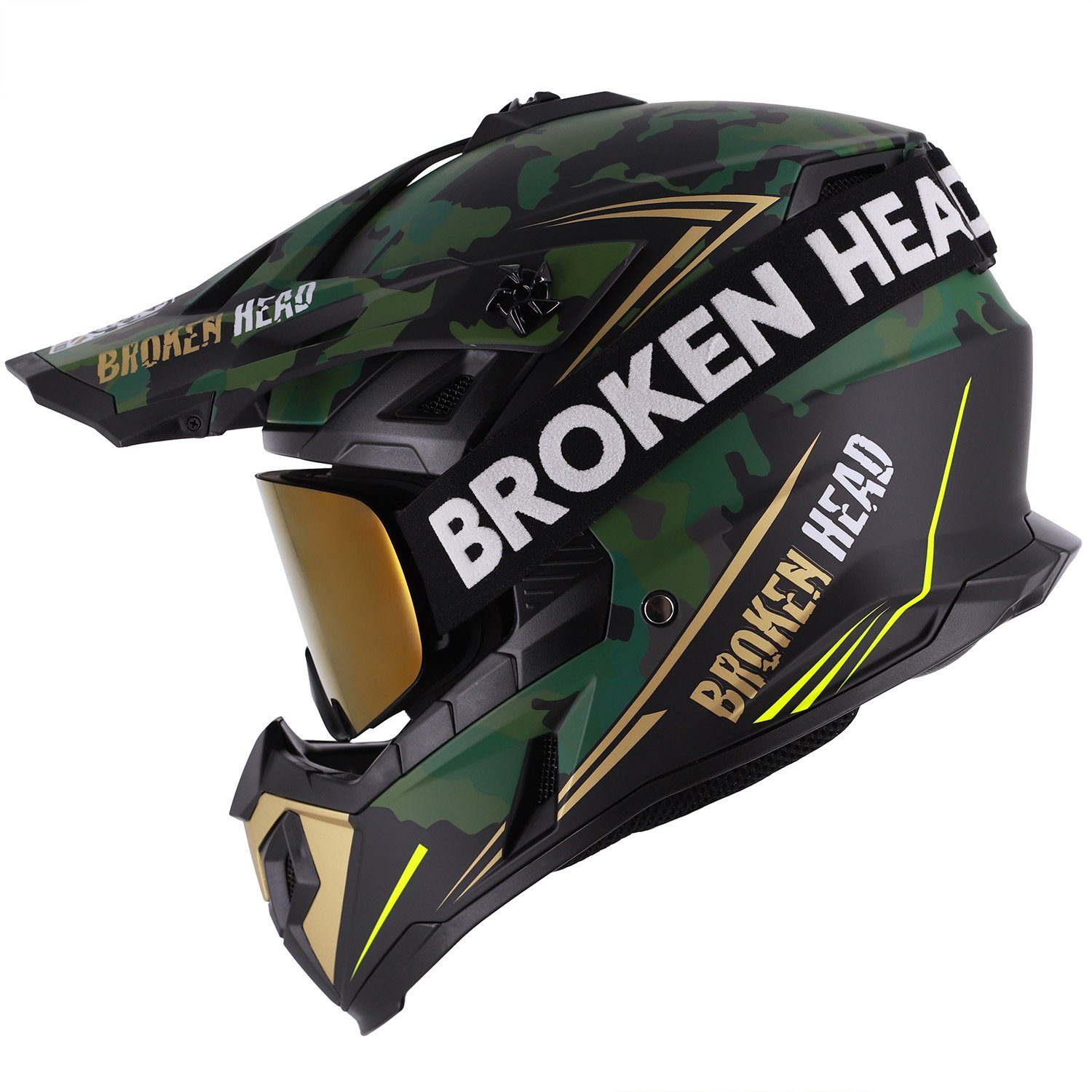 Broken Head Motocrosshelm Squadron Rebelution Grün-Gold (Mit MX-Struggler Gold), Mit 2 Verschlüssen