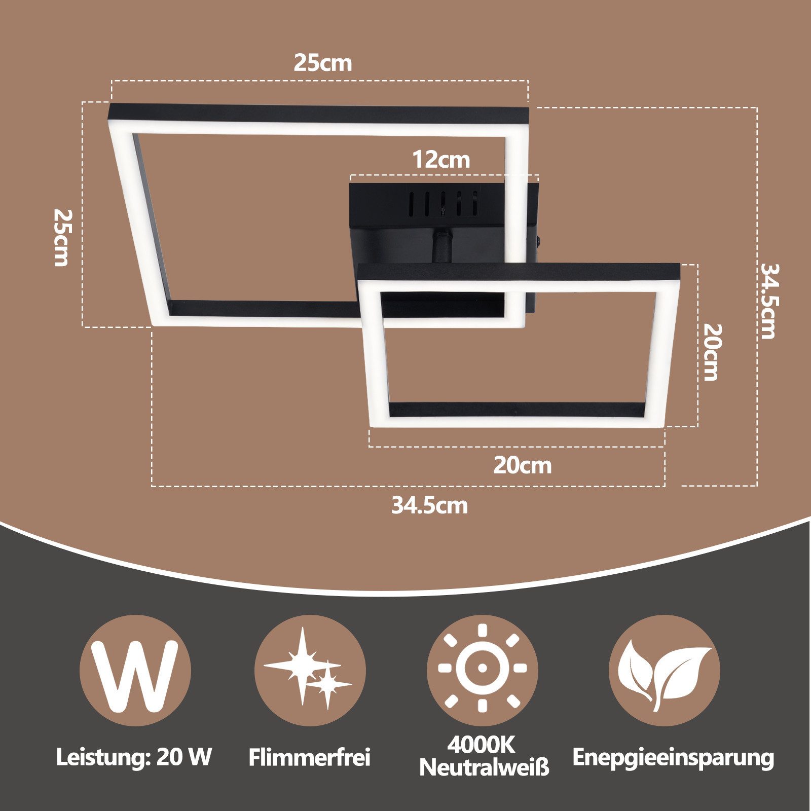 ZMH LED Deckenleuchte Wohnzimmer - Quadratisch Schwarz Eckig 3000K/4000K Deckenlampe Flur, Augenschutz, Einfache Installtion, LED fest integriert