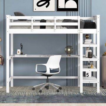 Merax Hochbett mit Schreibtisch und Bücherregal Etagenbett 90x200 cm mit Trittleiter, Kinderbett aus Kiefer